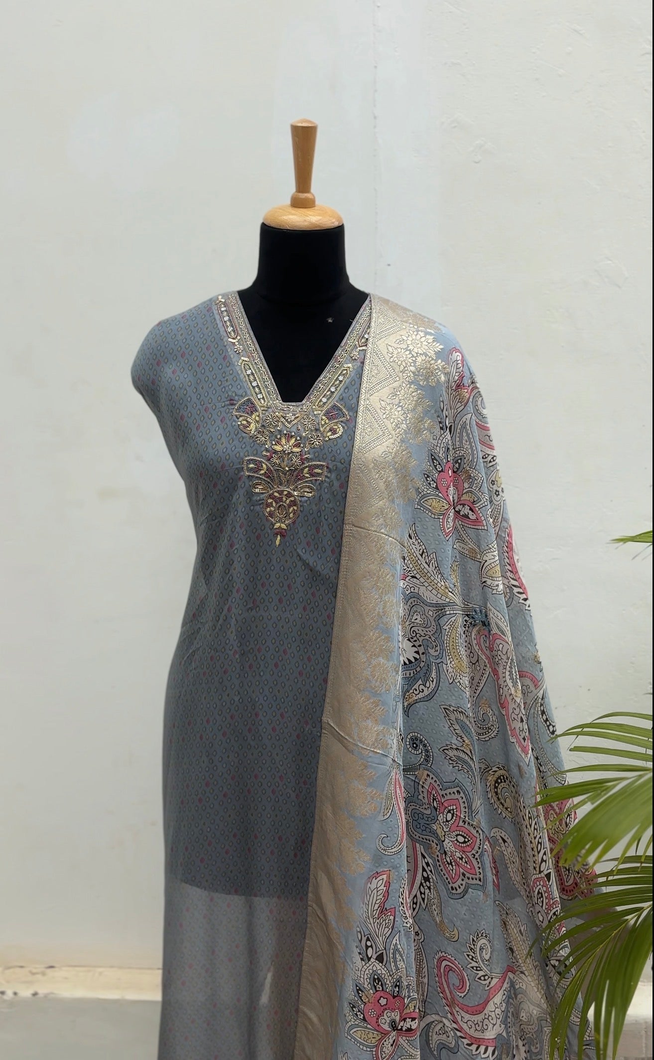 Soft grey semi stitched salwar suit
