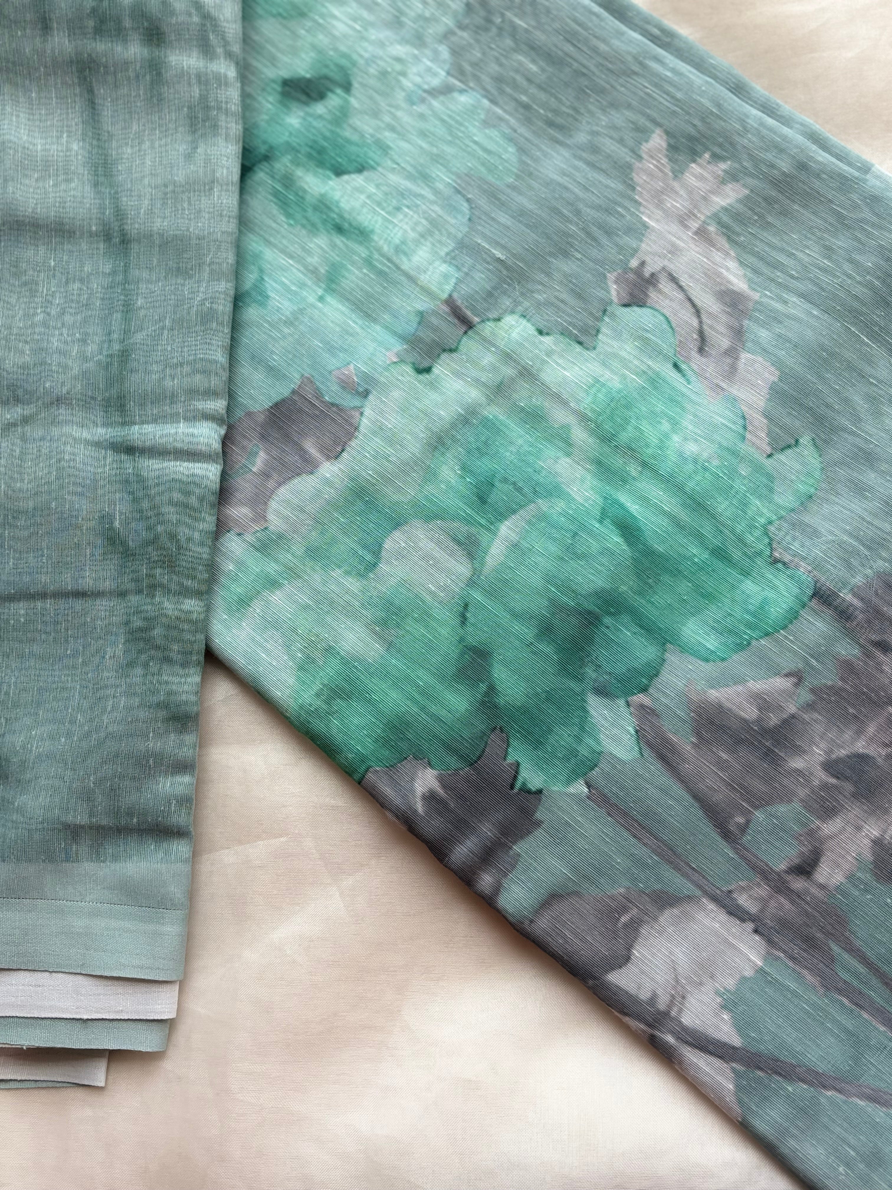Light blue floral Linen saree