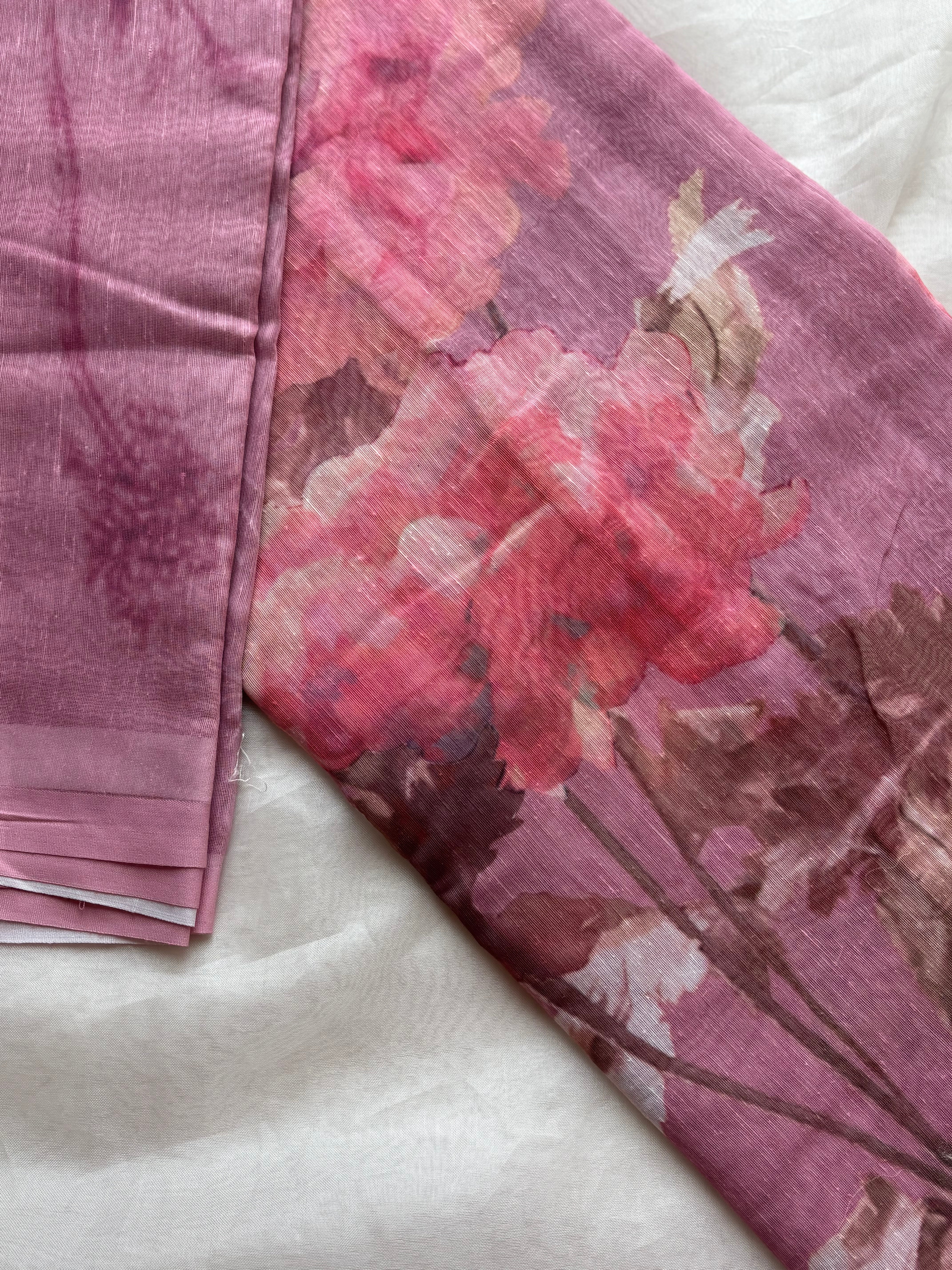 Pink floral Linen saree
