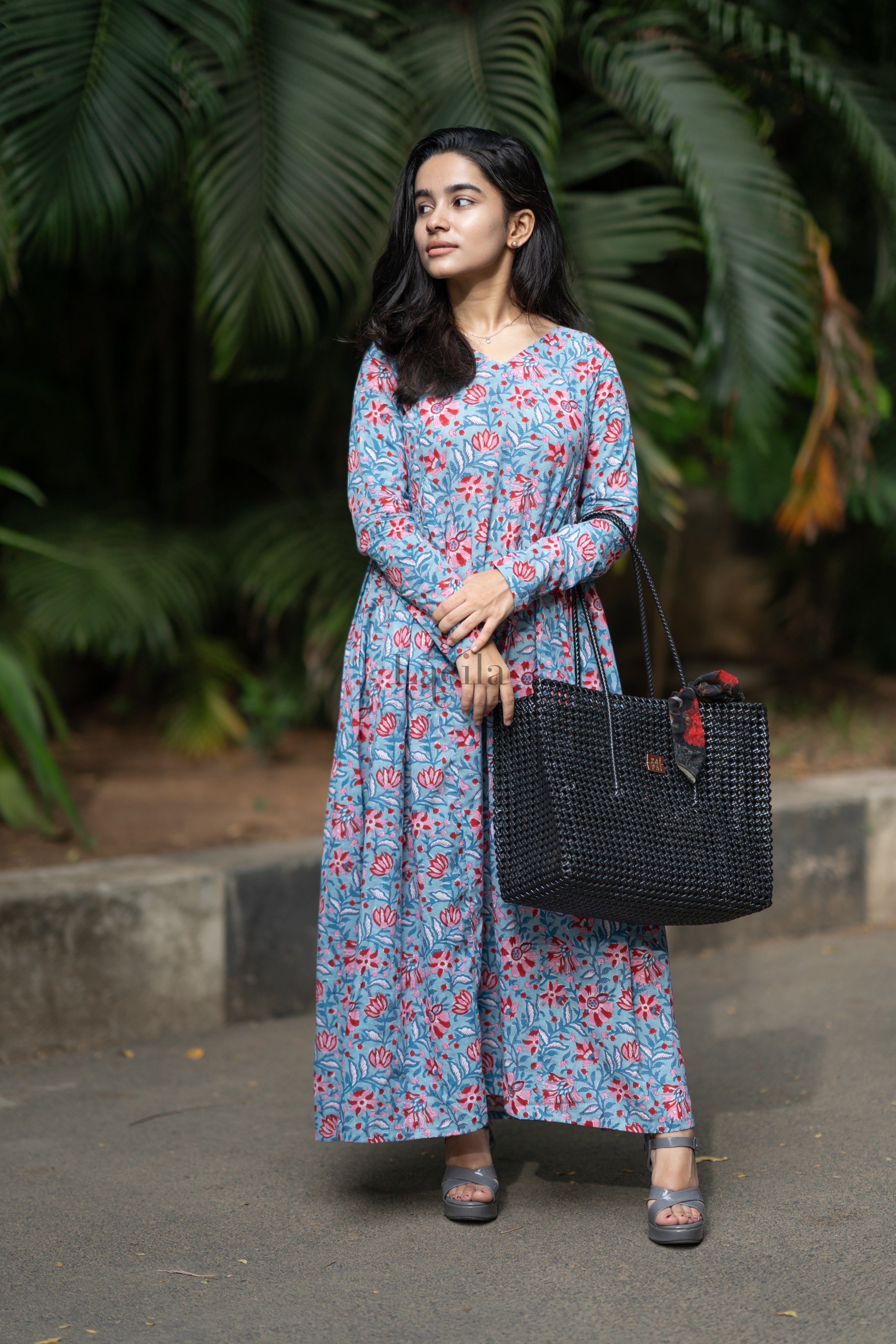 Blue cotton flower print maxi