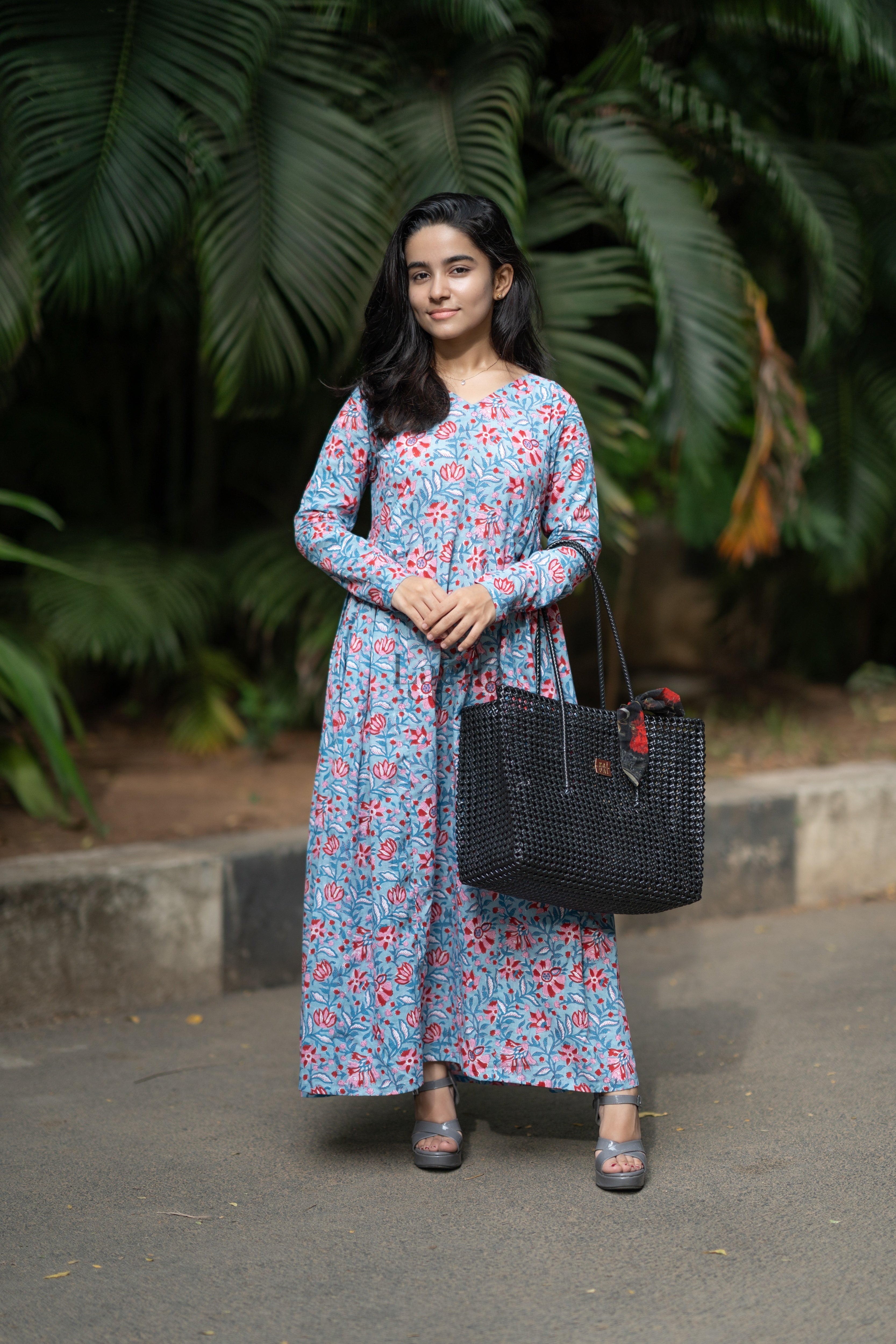 Blue cotton flower print maxi