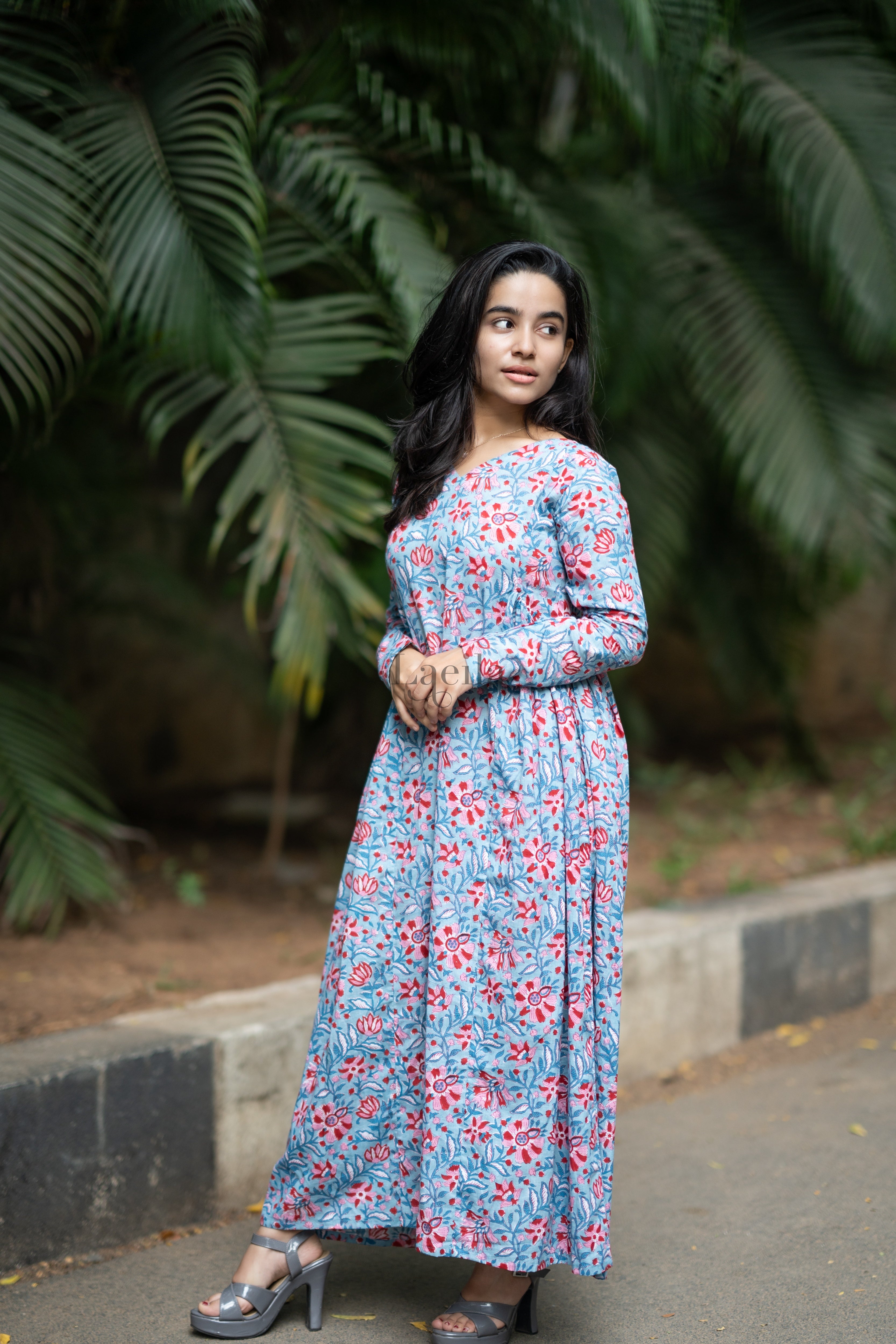 Blue cotton flower print maxi