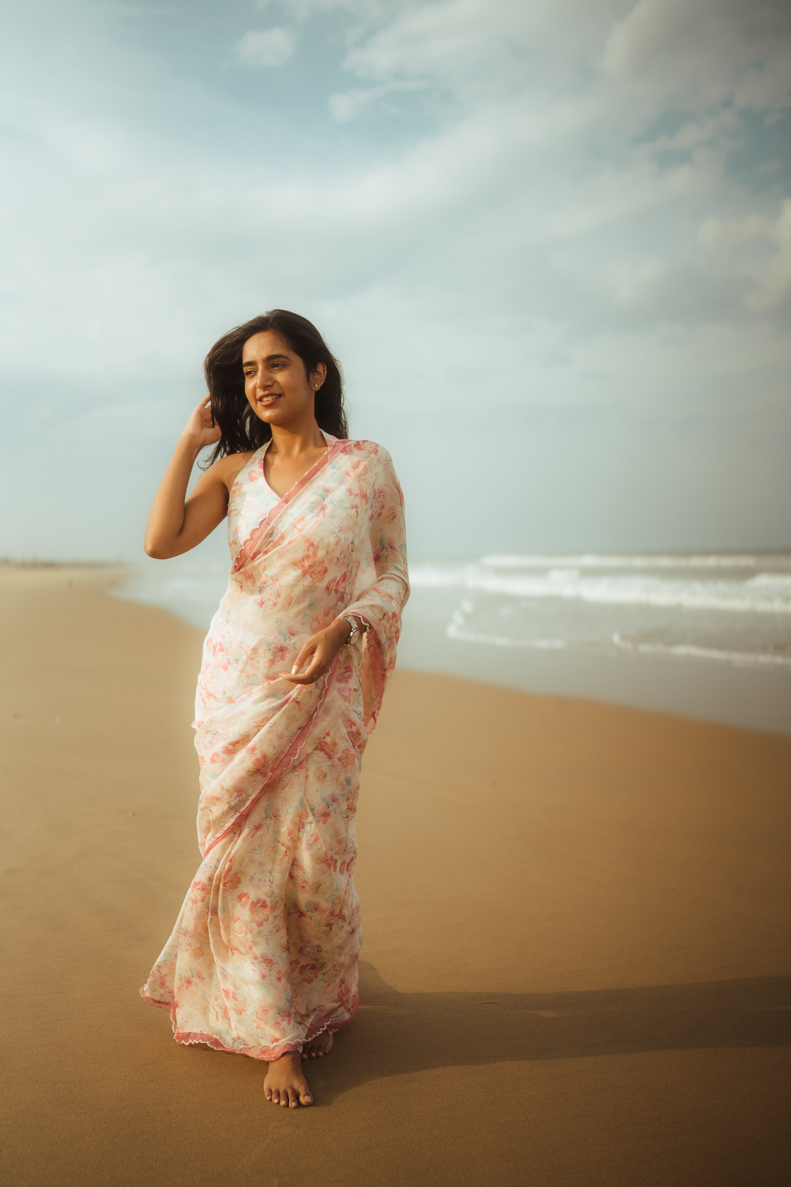 White floral haze saree