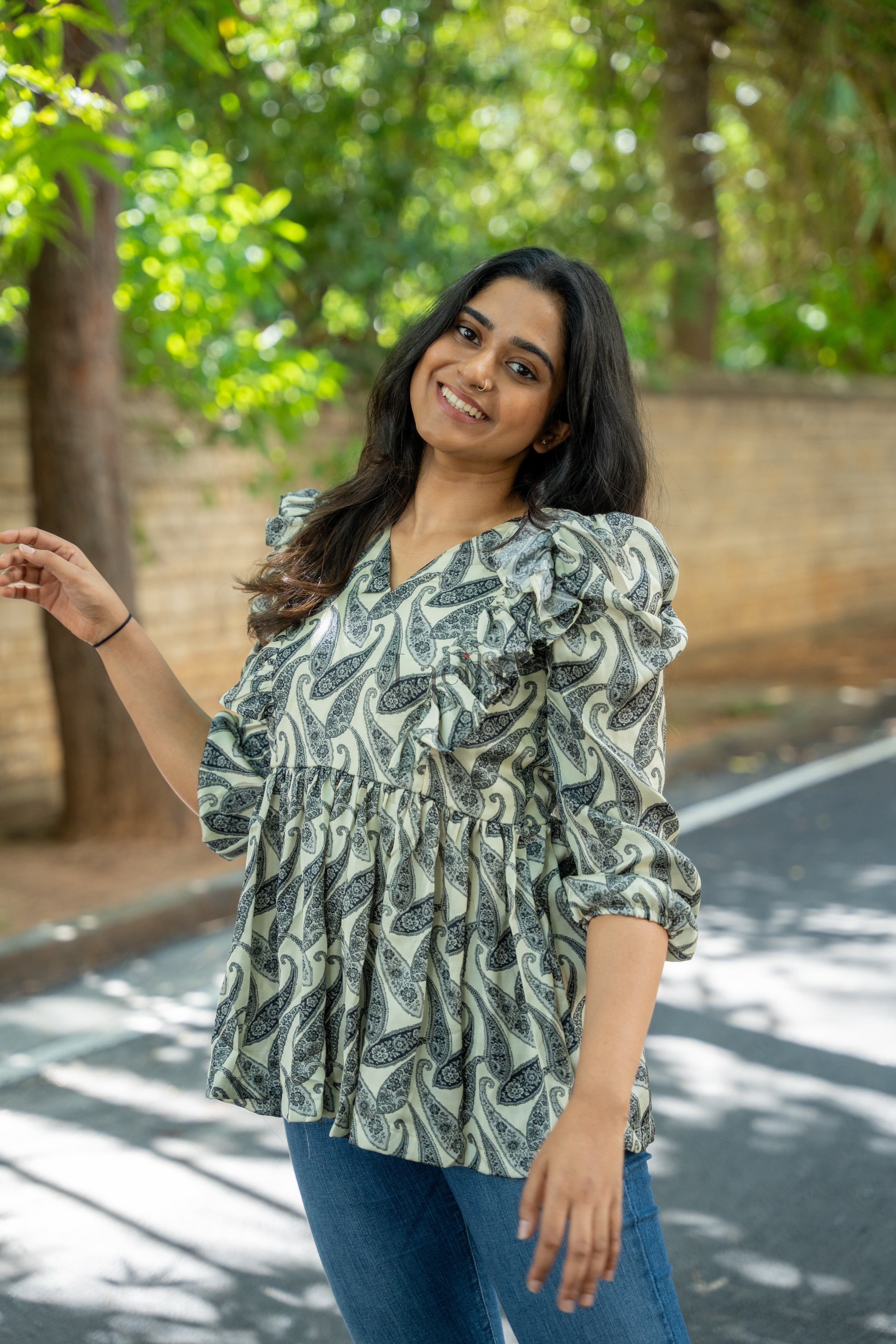 Crepe Satin Ruffle Peplum Top