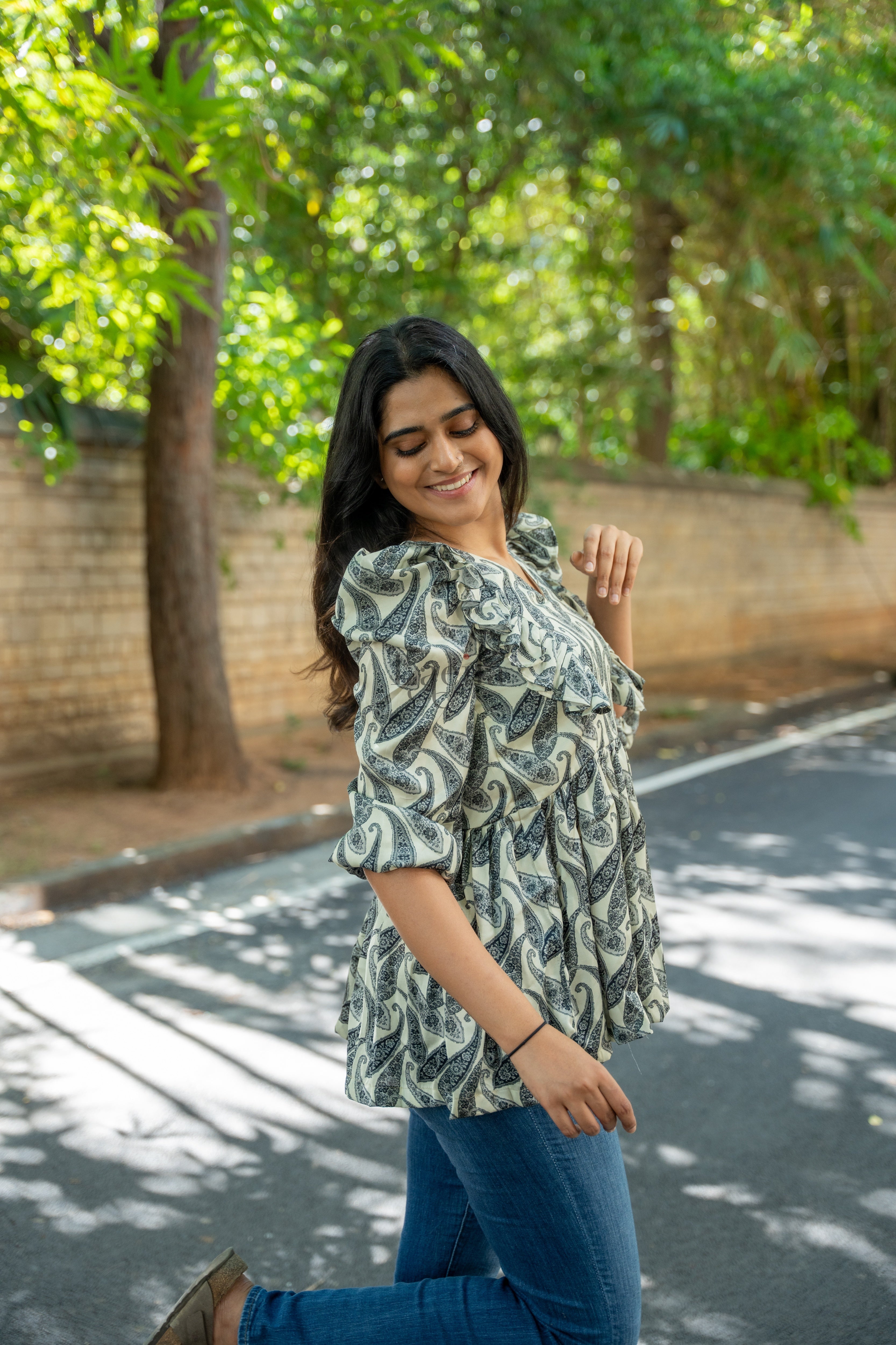 Crepe Satin Ruffle Peplum Top