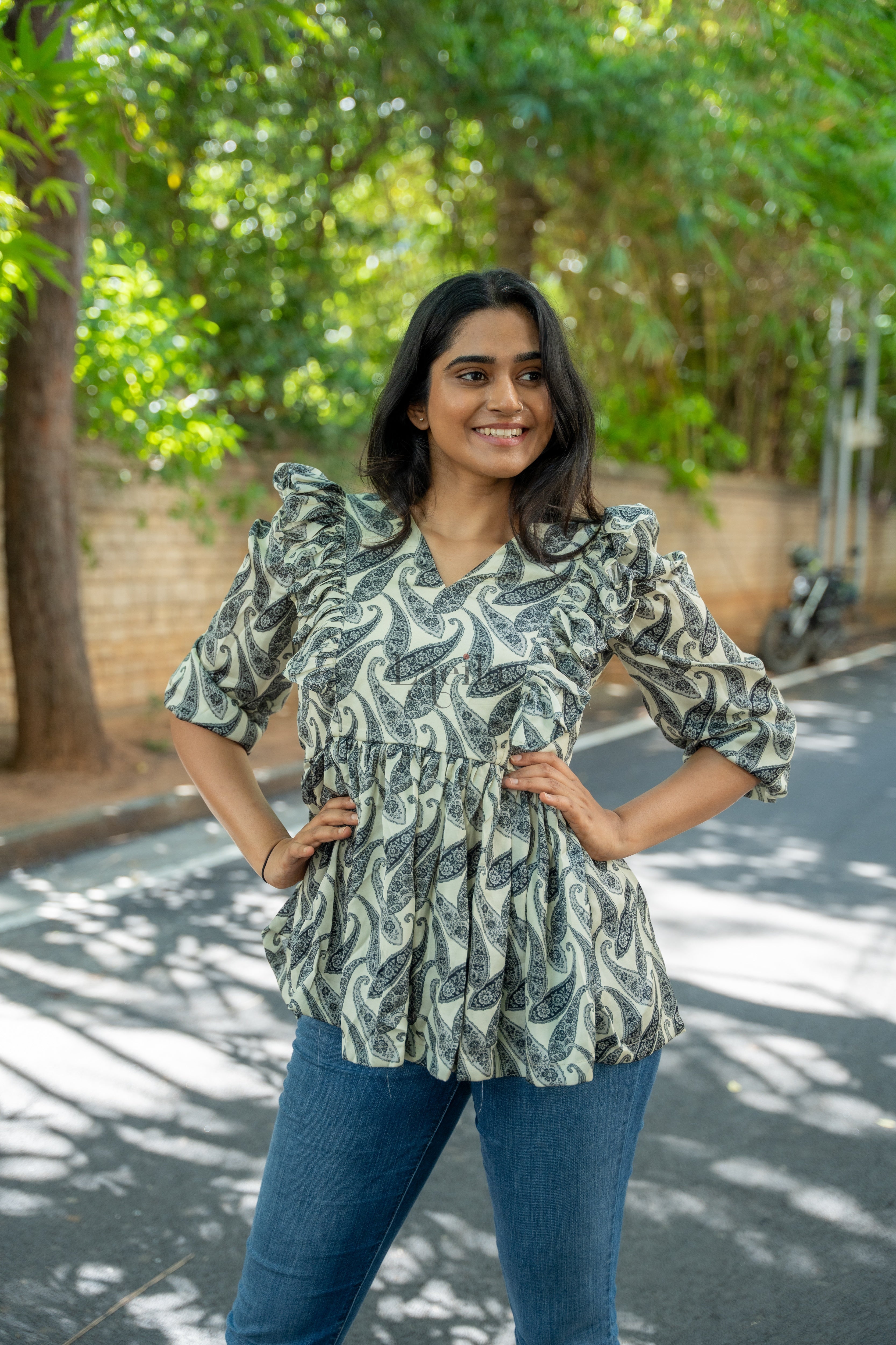 Crepe Satin Ruffle Peplum Top