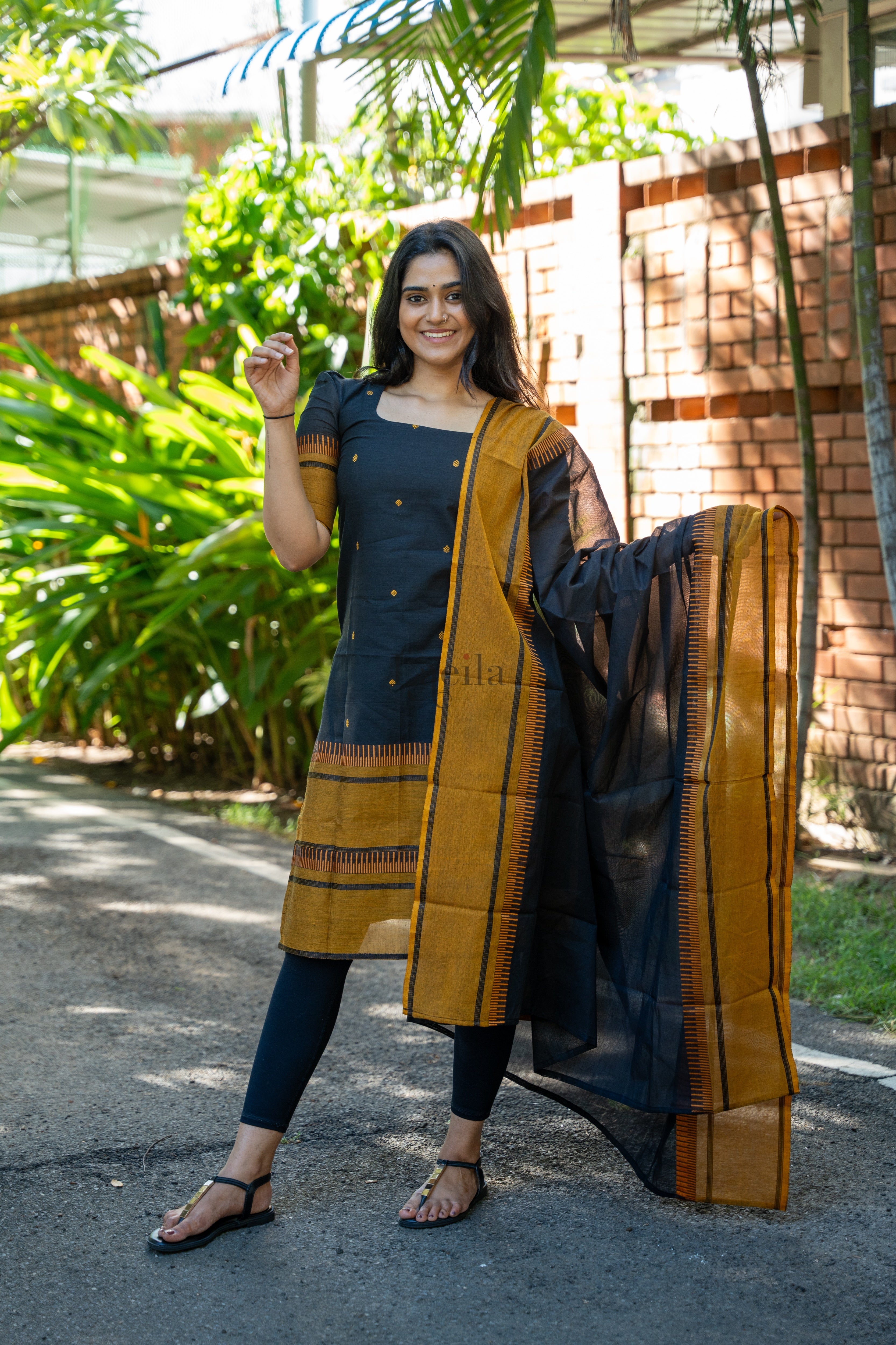 Black With Mustard Pure Kanchi Cotton Top & Dupatta