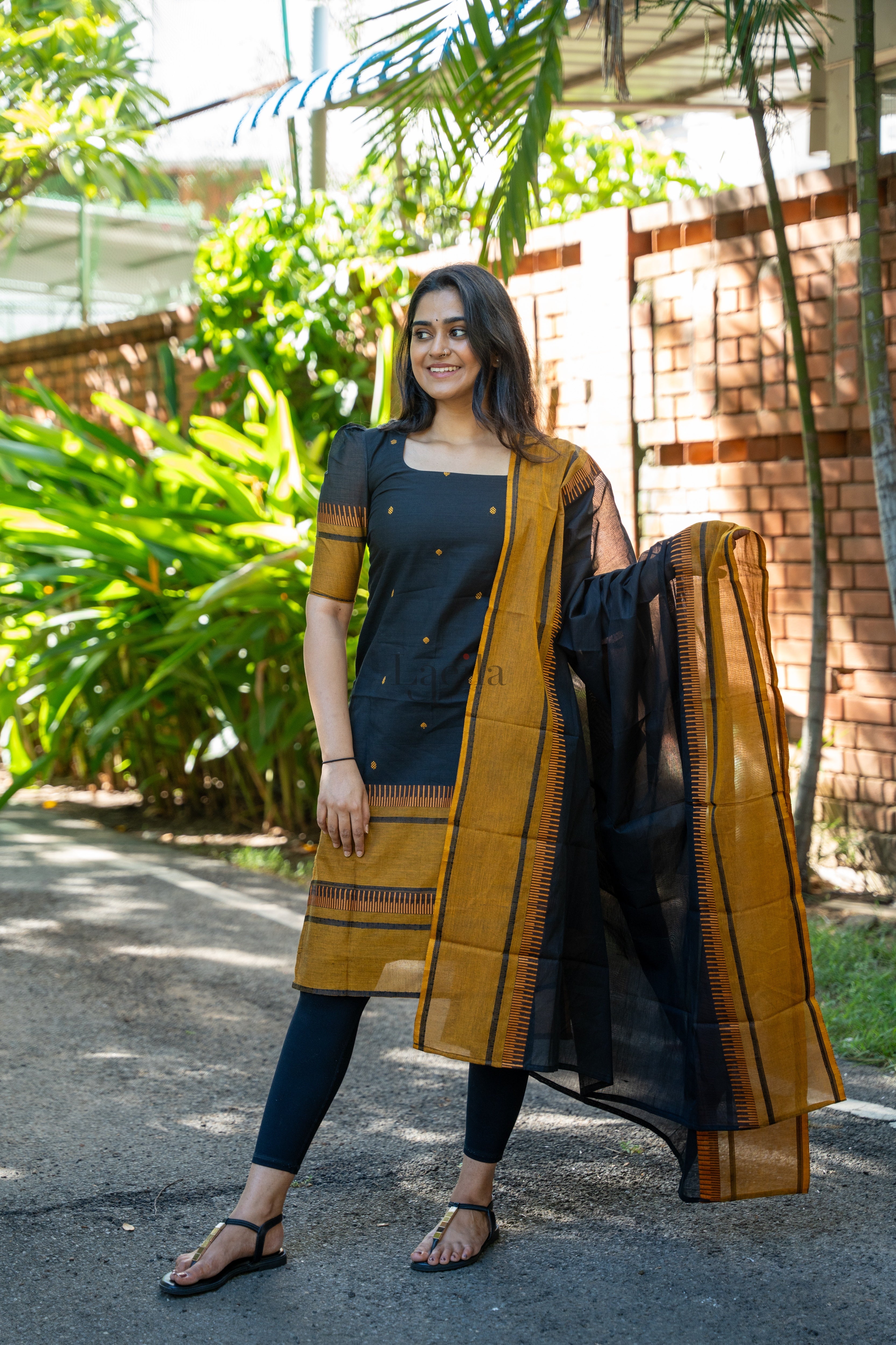 Black With Mustard Pure Kanchi Cotton Top & Dupatta