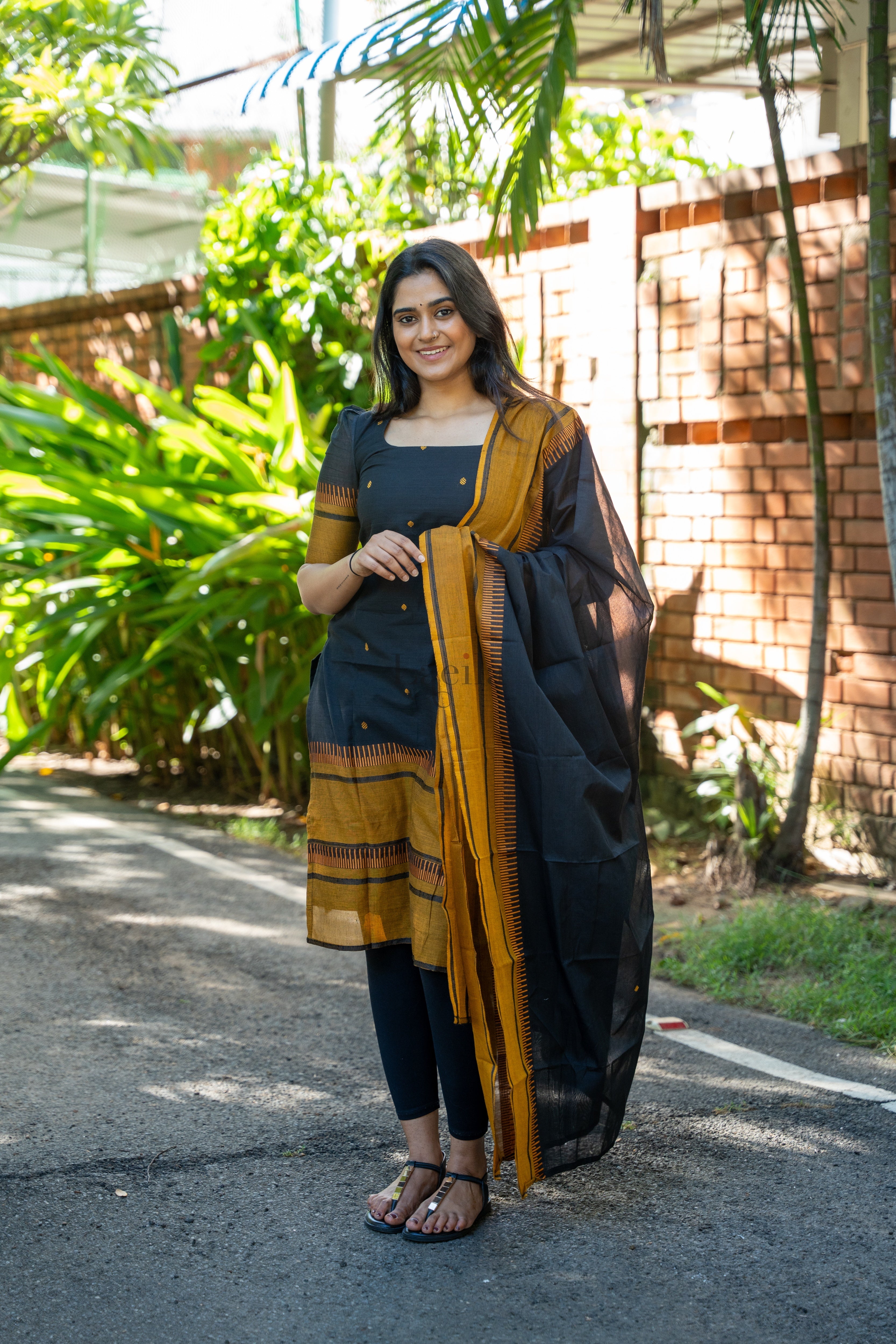 Black With Mustard Pure Kanchi Cotton Top & Dupatta