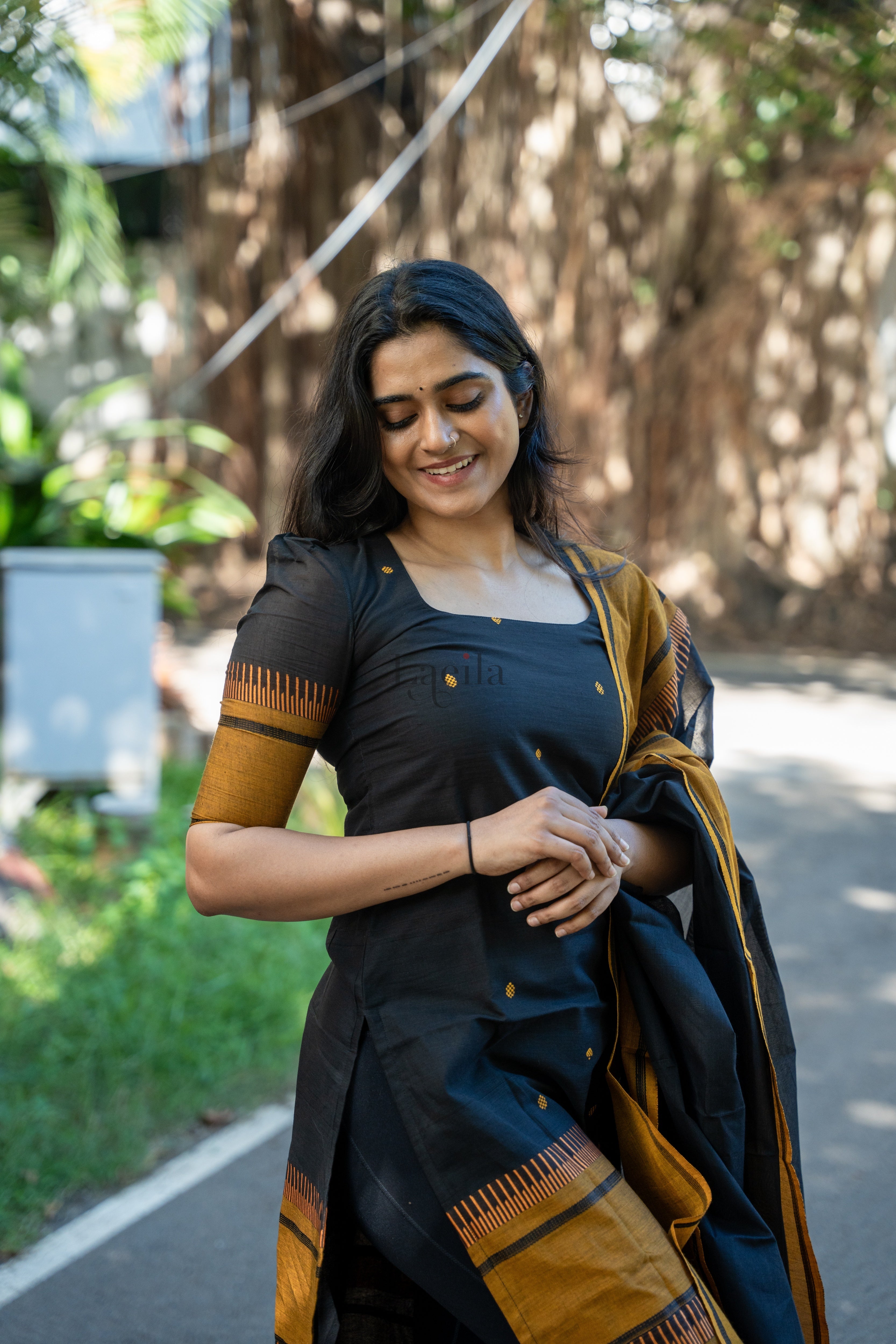 Black With Mustard Pure Kanchi Cotton Top & Dupatta