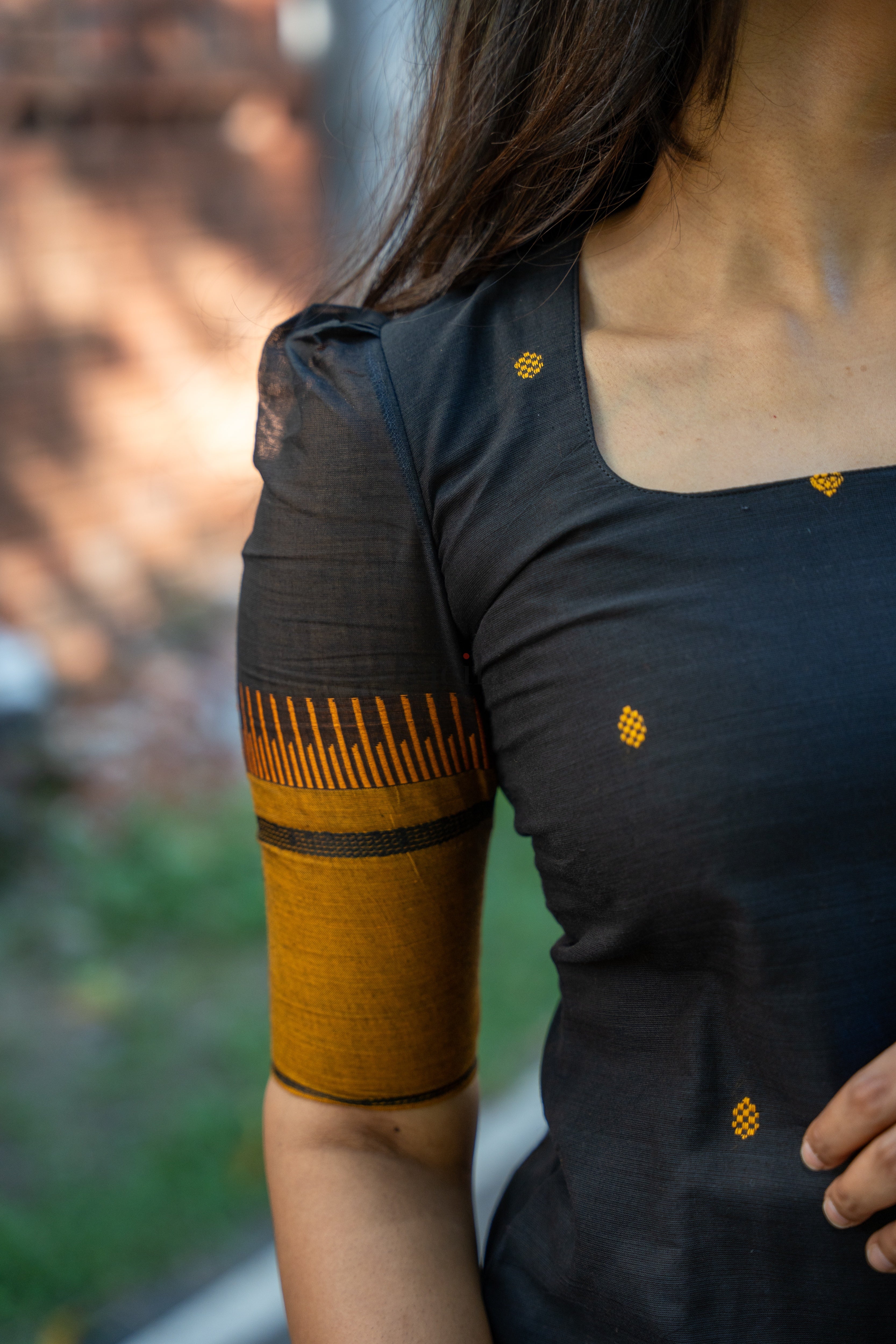Black With Mustard Pure Kanchi Cotton Top & Dupatta