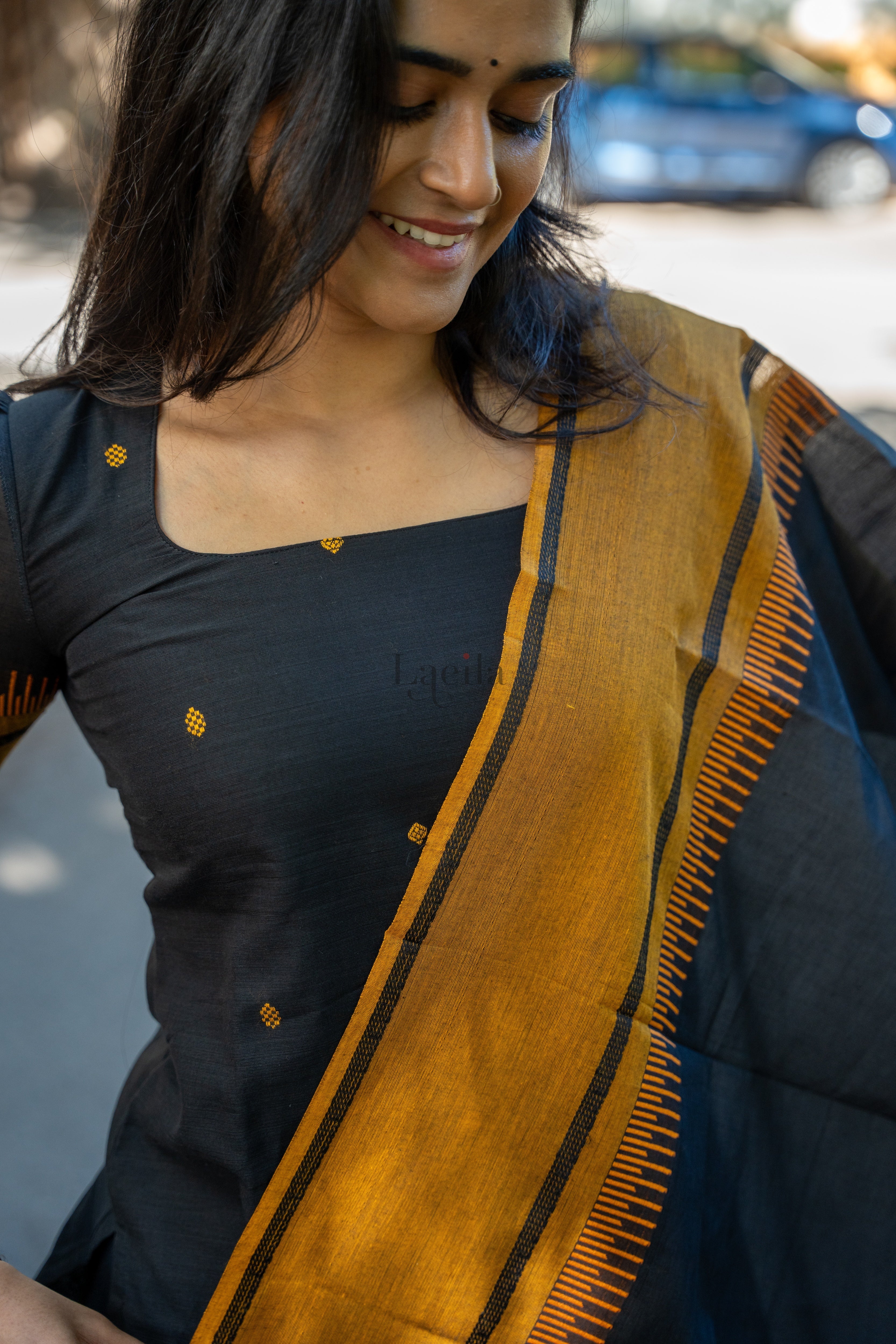 Black With Mustard Pure Kanchi Cotton Top & Dupatta