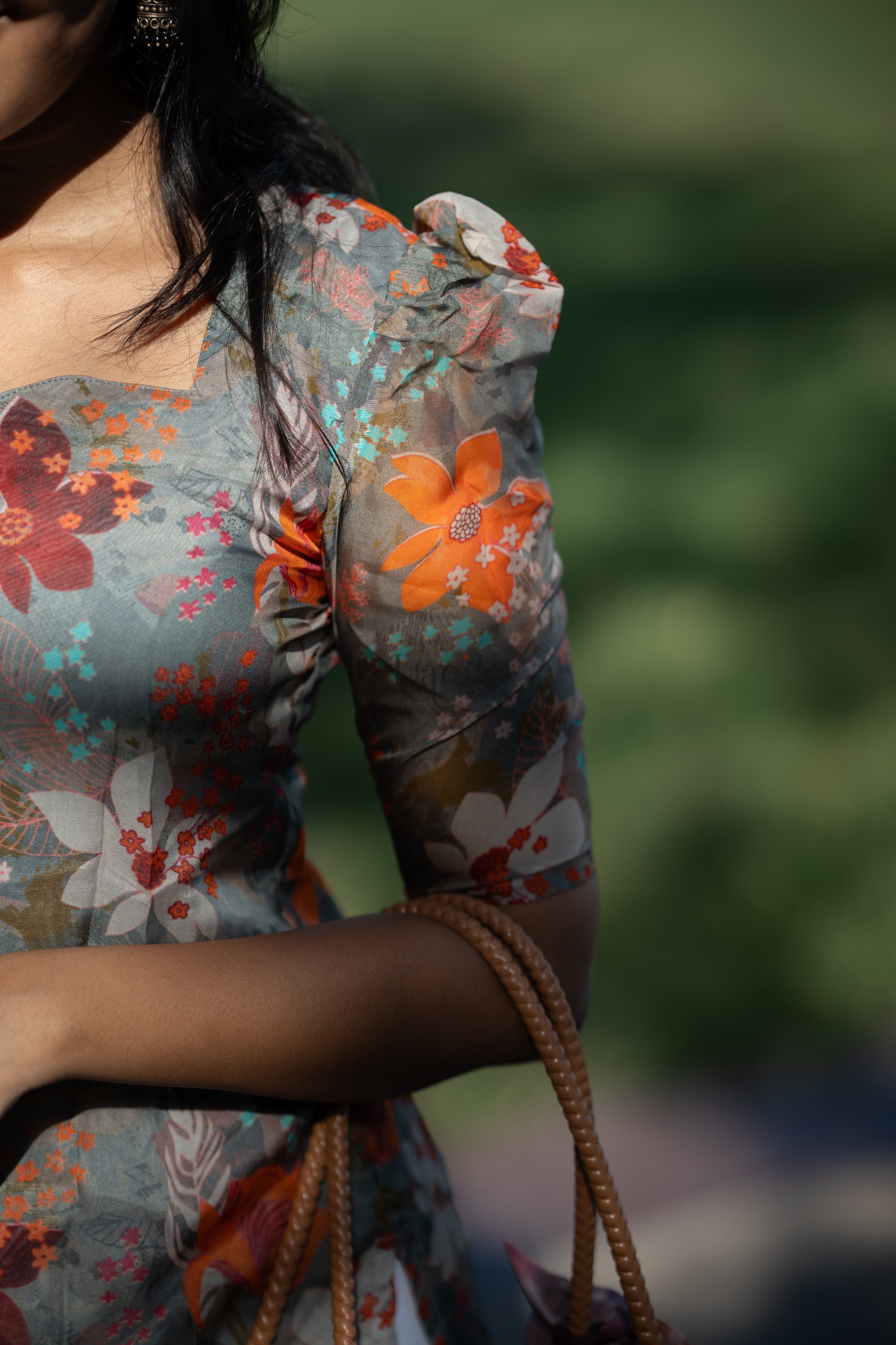 Grey Floral Organza Top