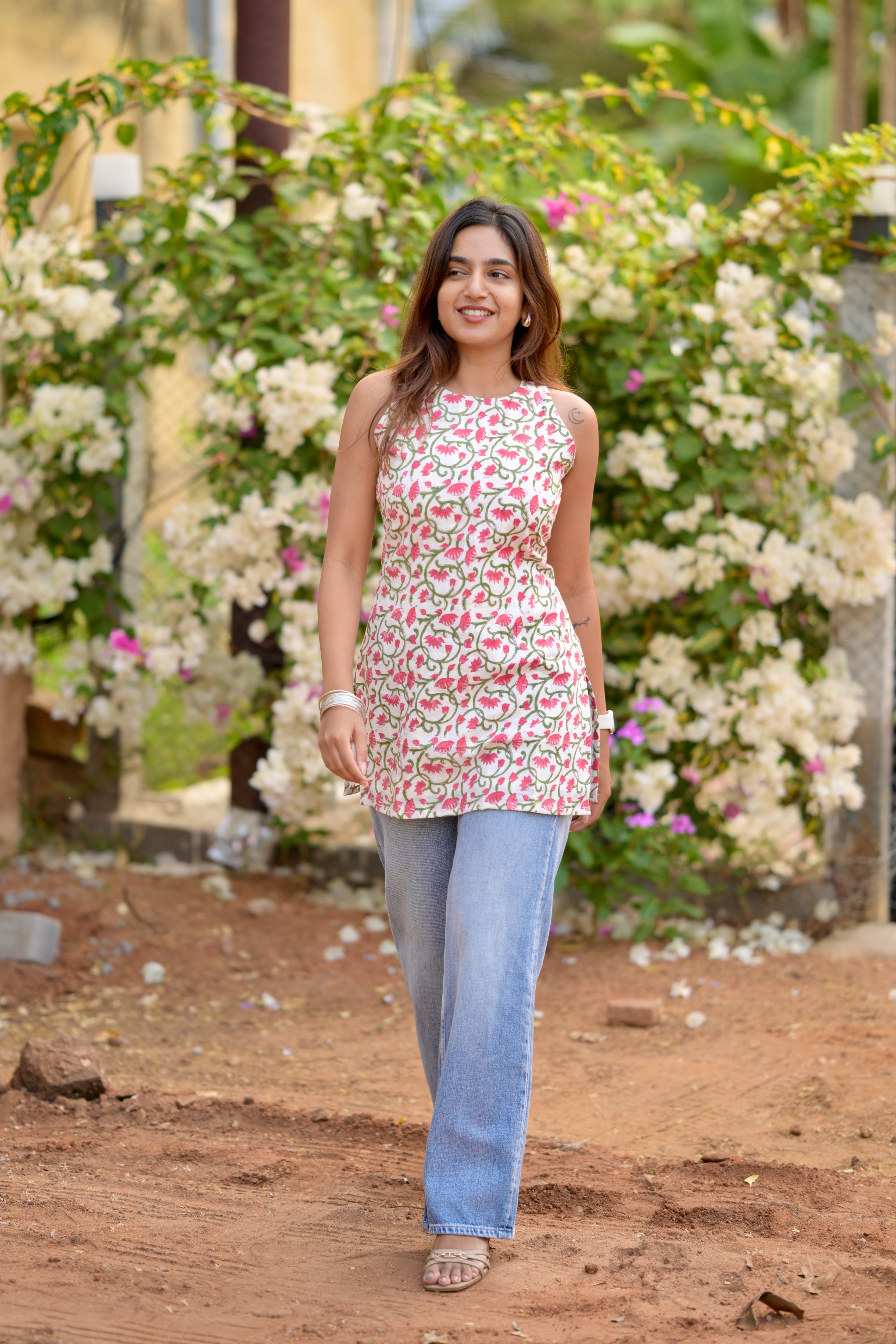 White lotus cotton short kurta