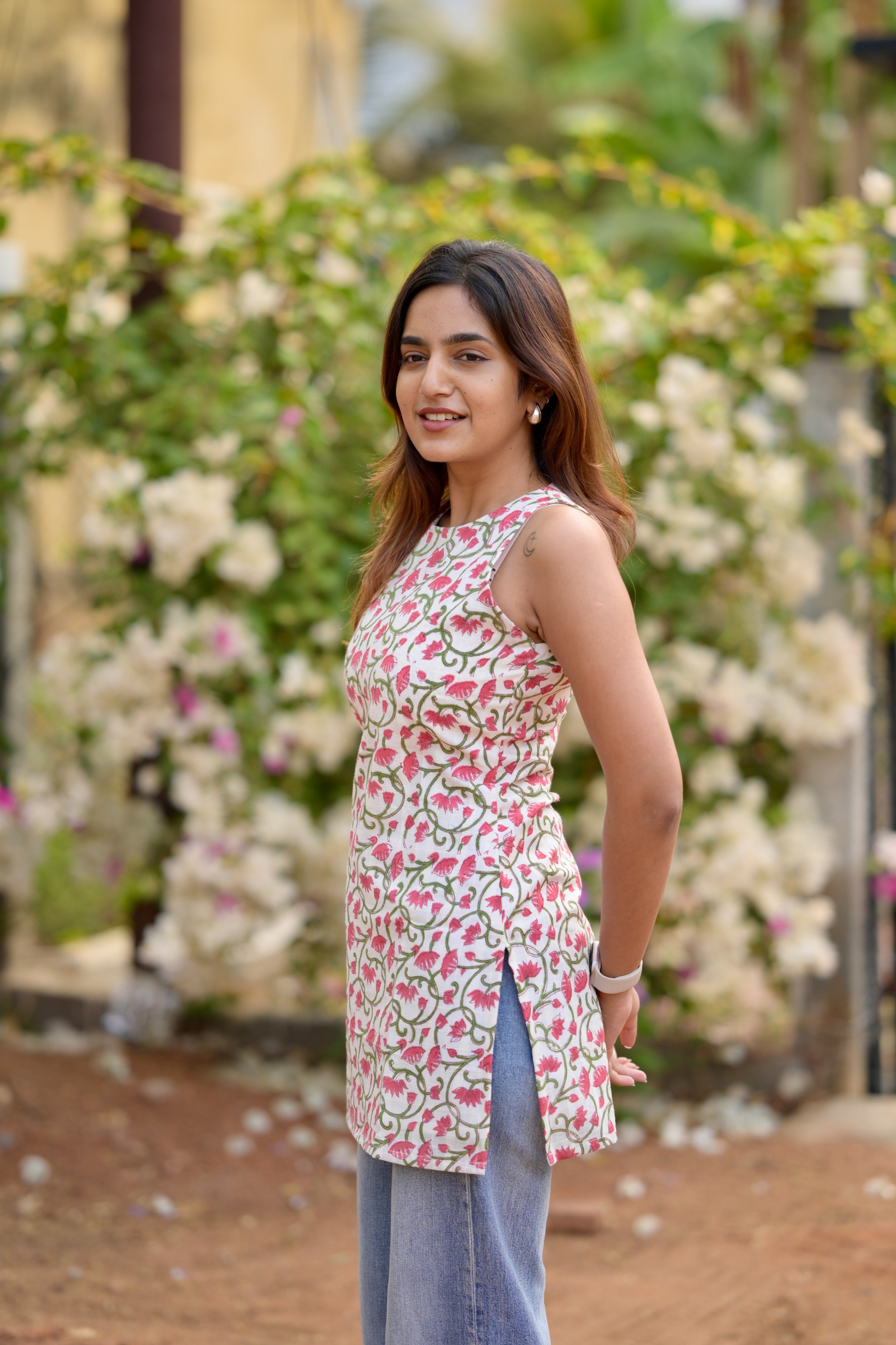 White lotus cotton short kurta