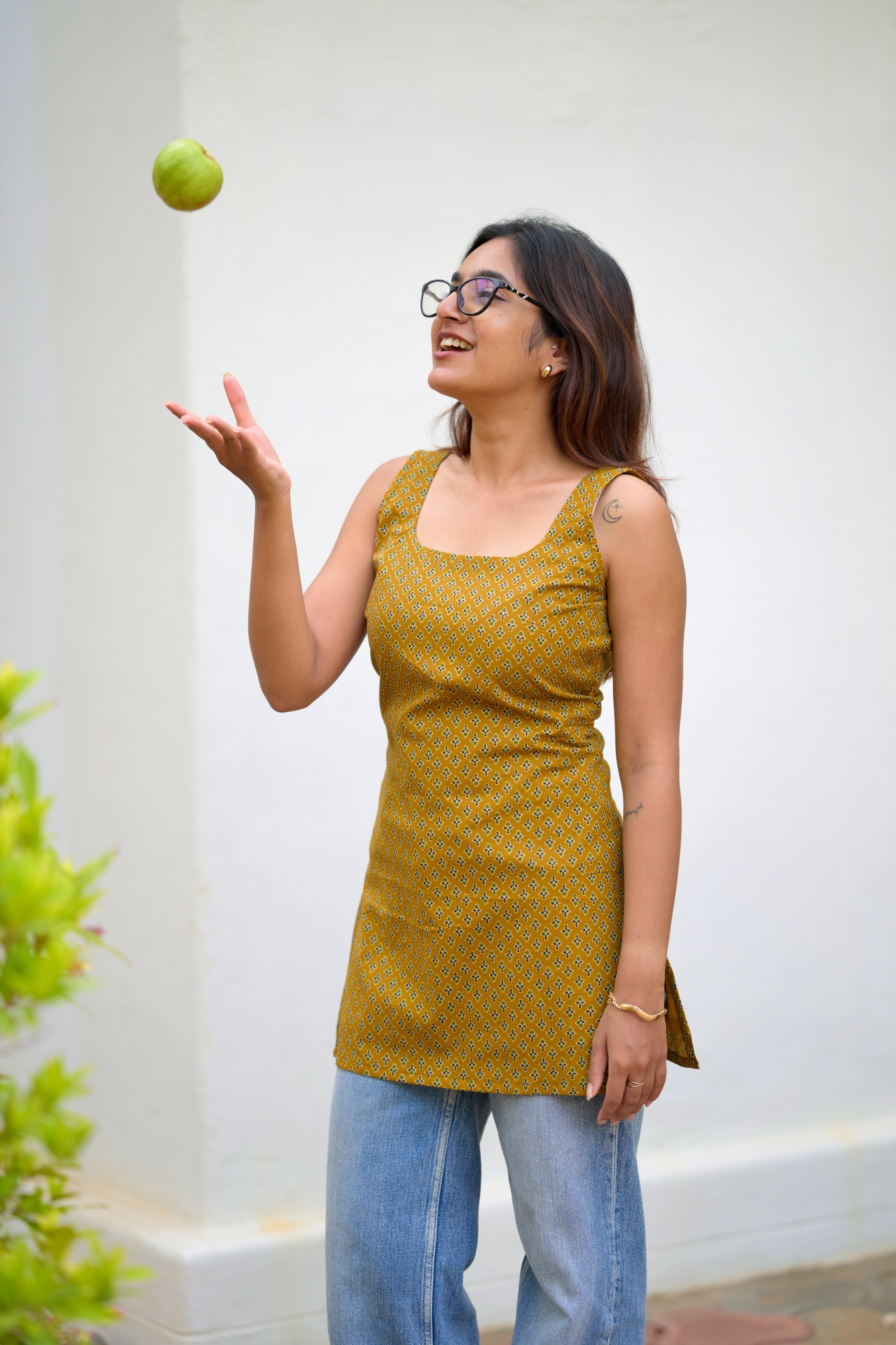 Mustard cotton short kurta