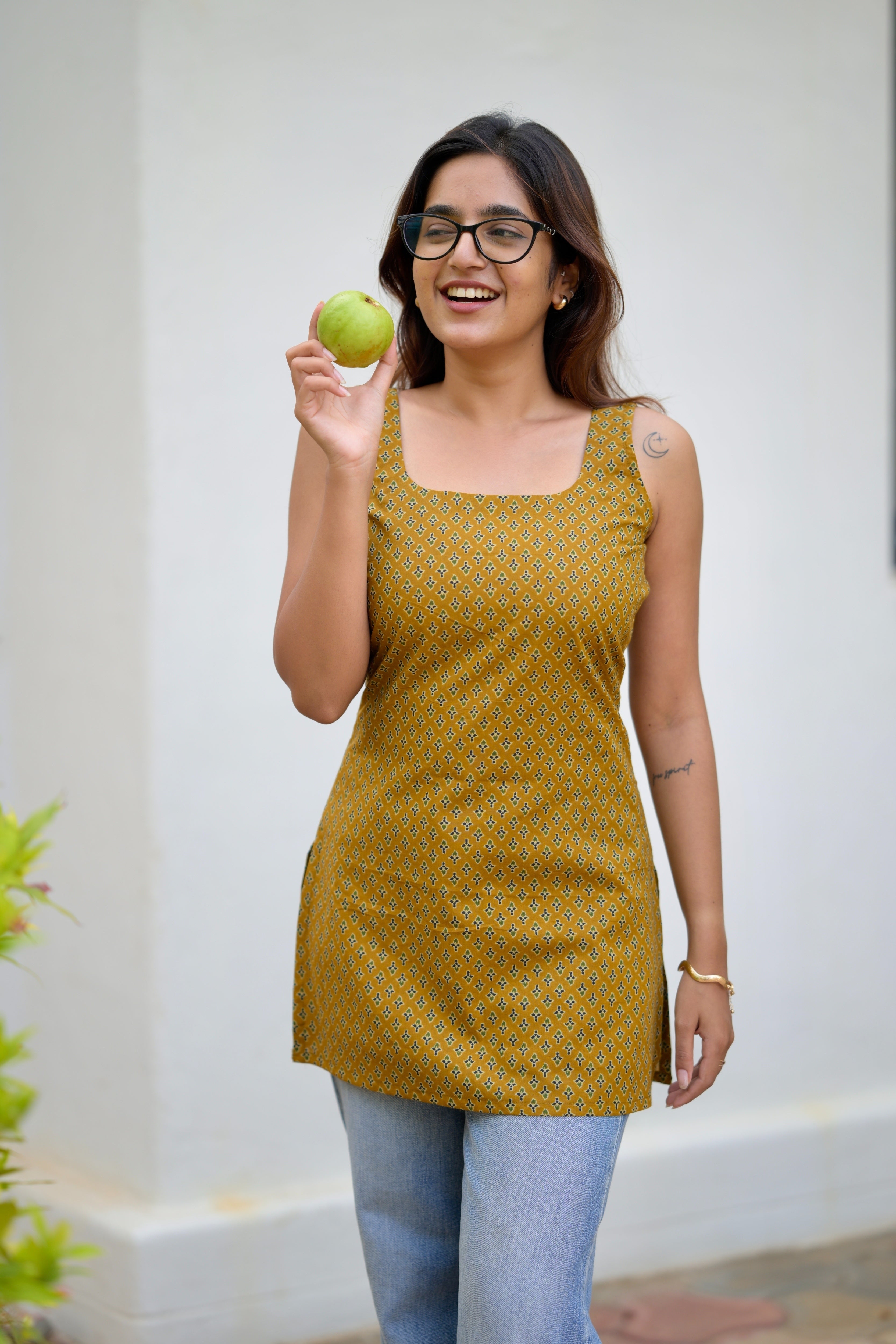 Mustard cotton short kurta