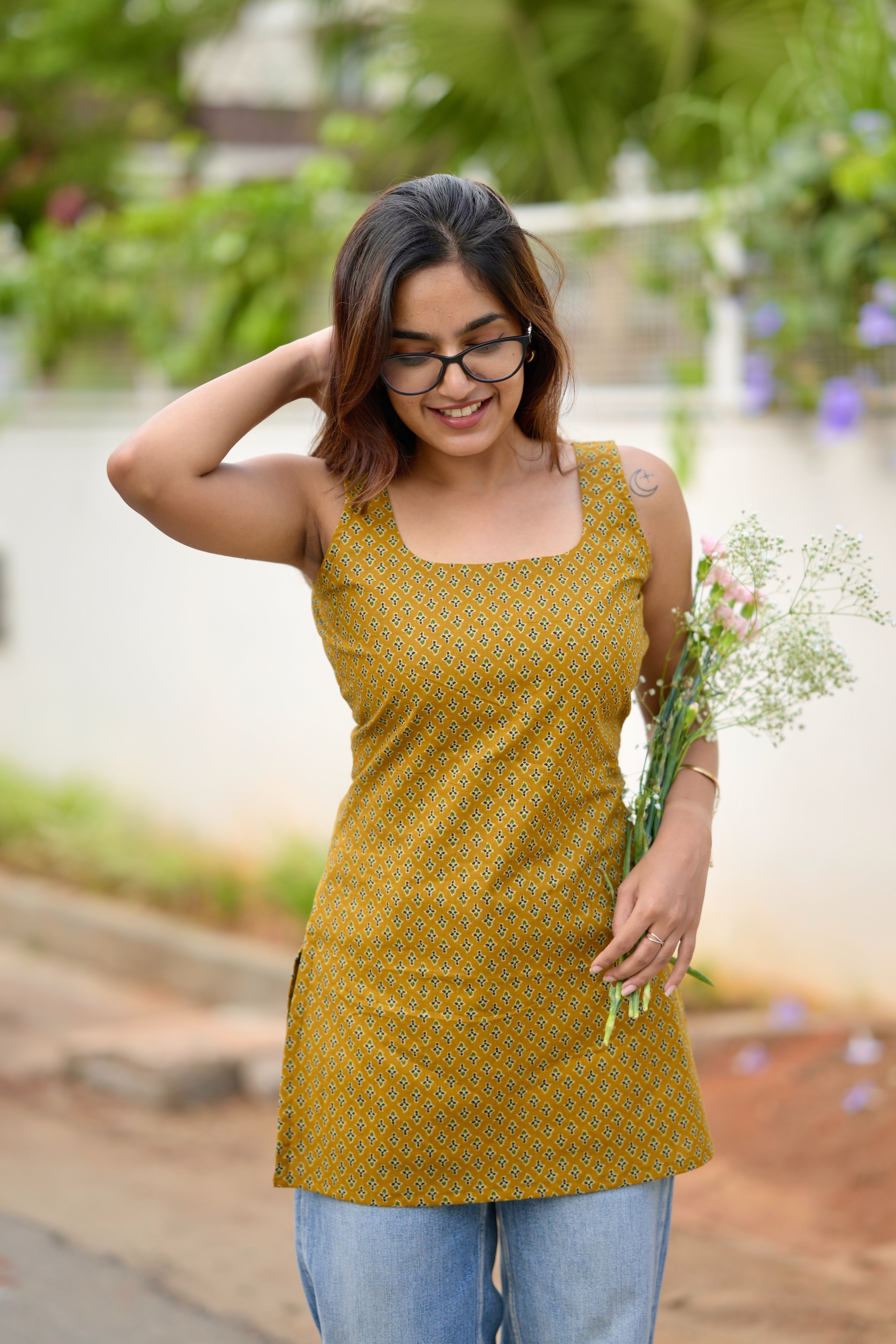 Mustard cotton short kurta