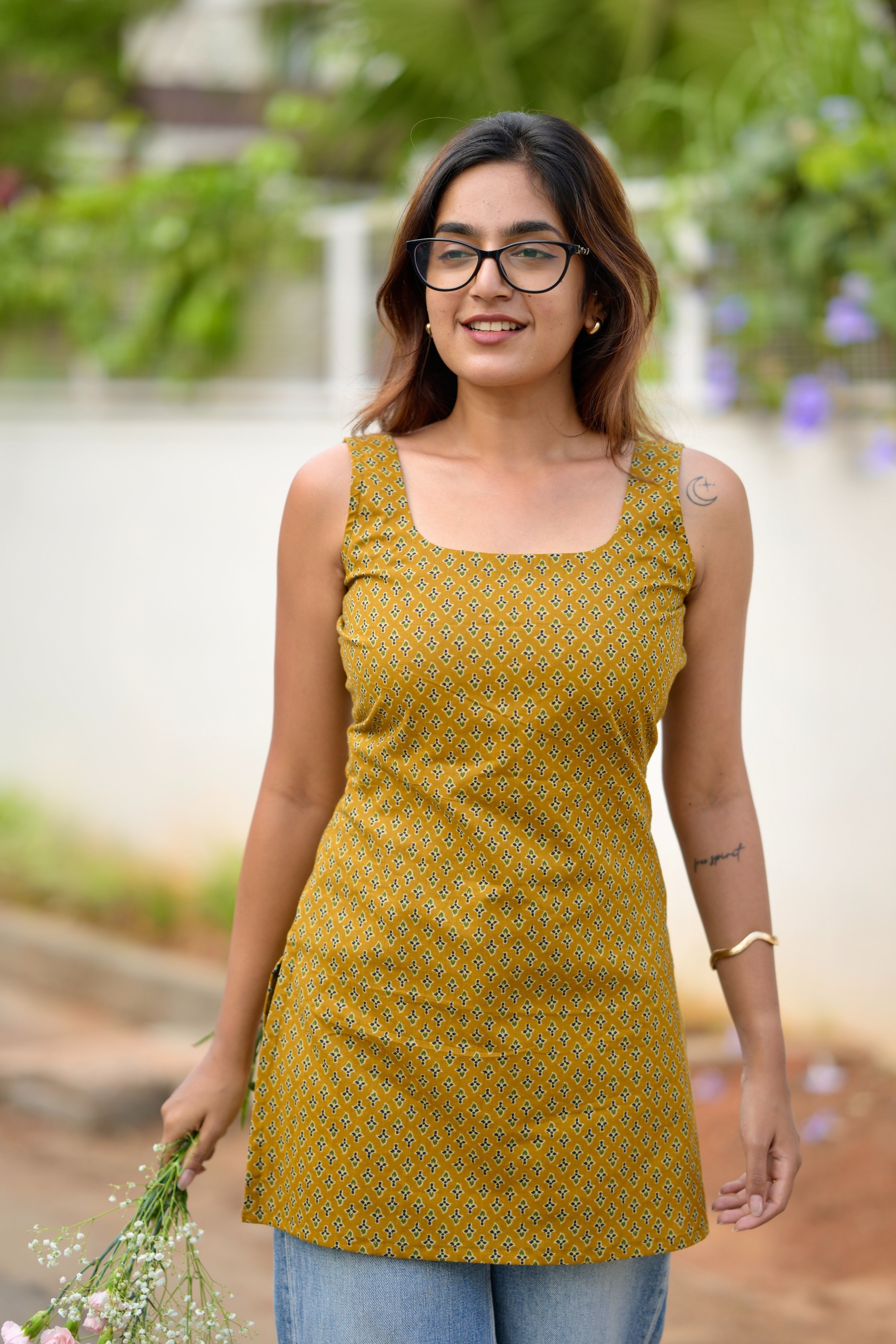 Mustard cotton short kurta