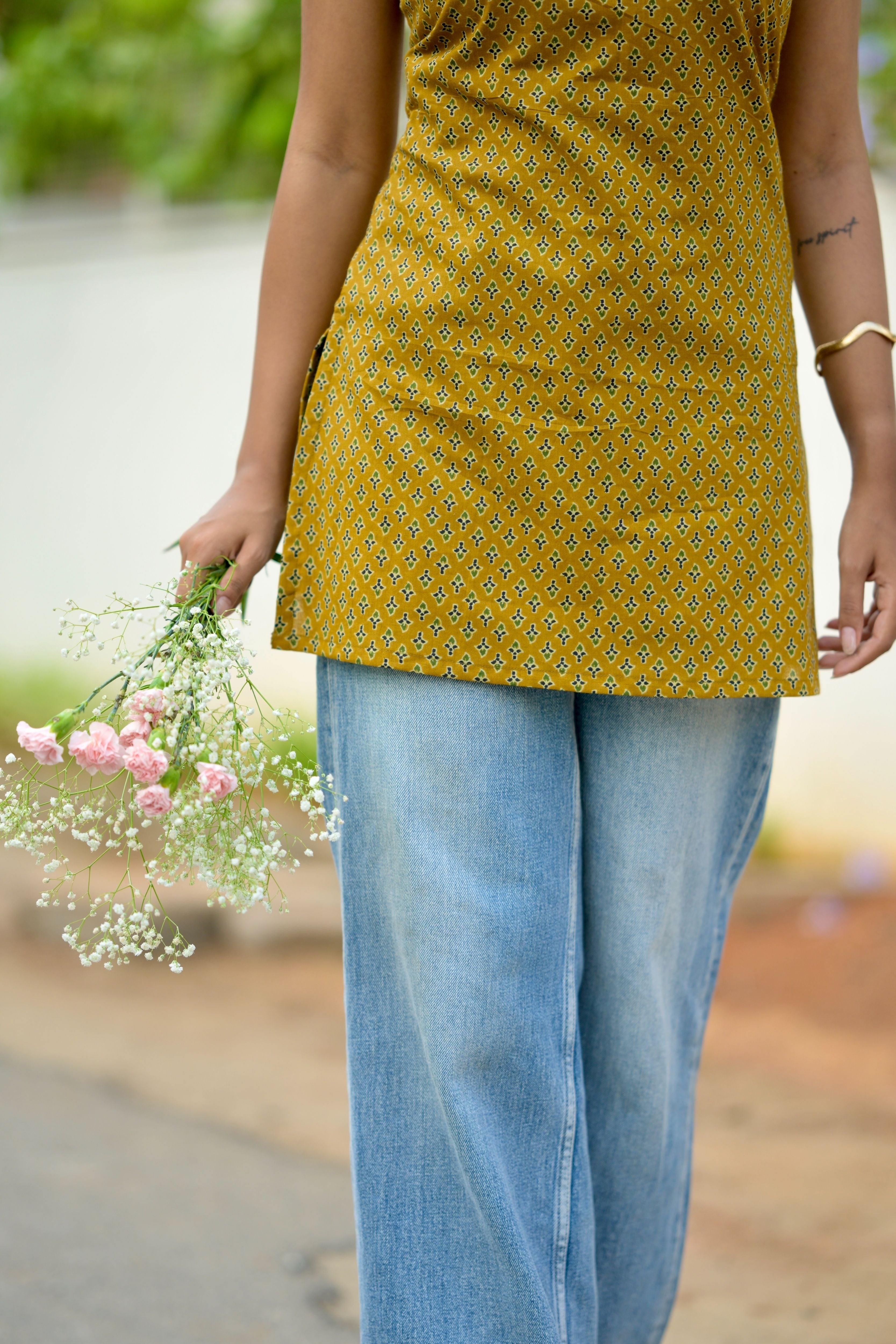 Mustard cotton short kurta