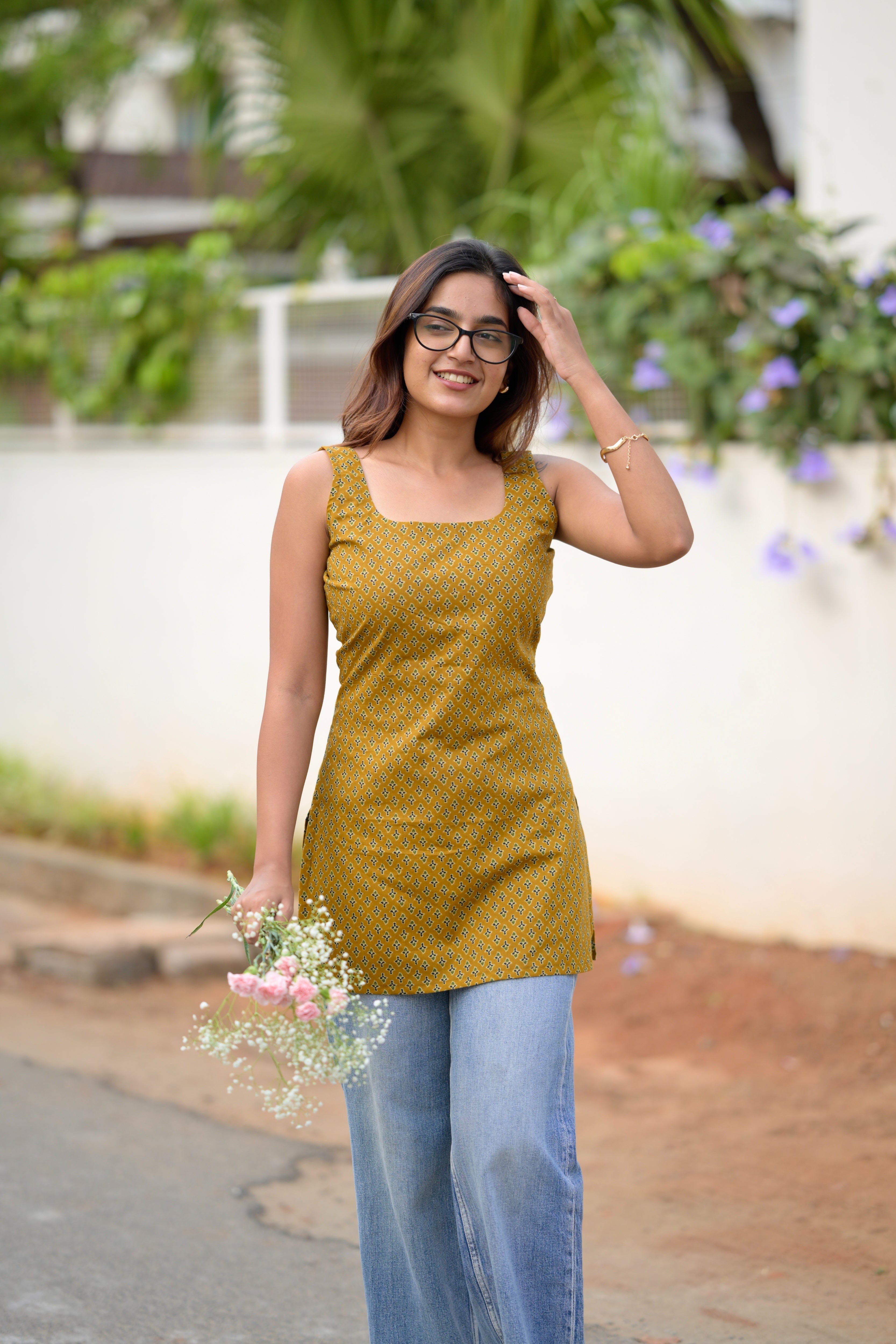 Mustard cotton short kurta