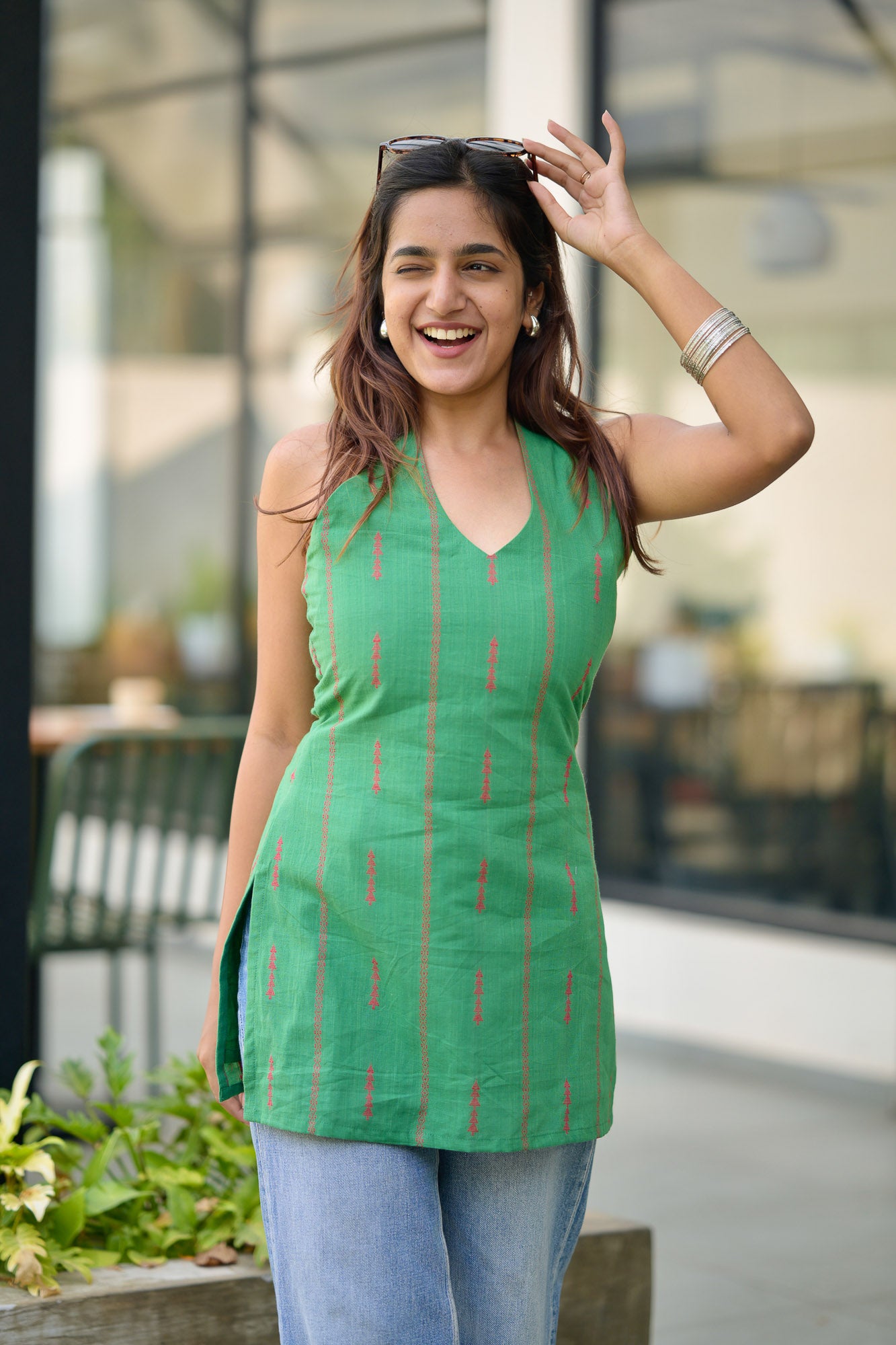 Green cotton short kurta