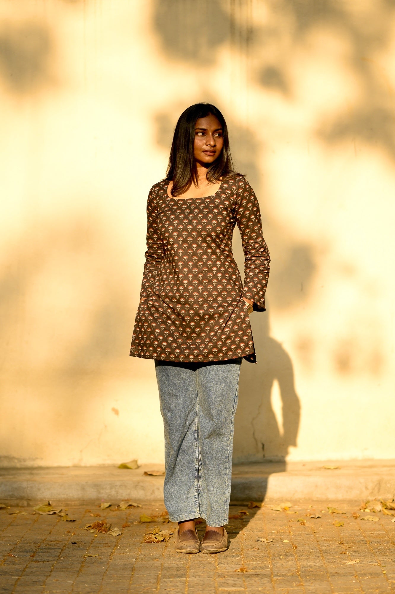 Black floral short kurta