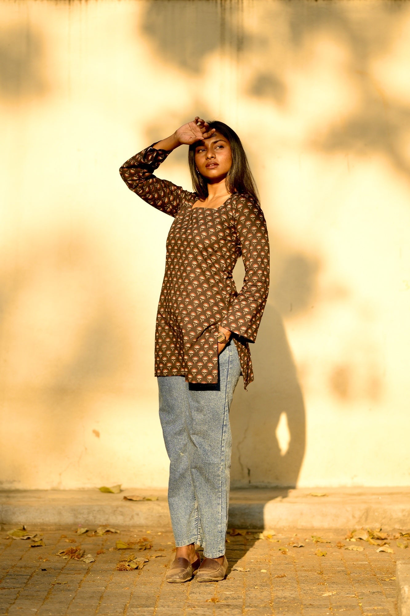 Black floral short kurta
