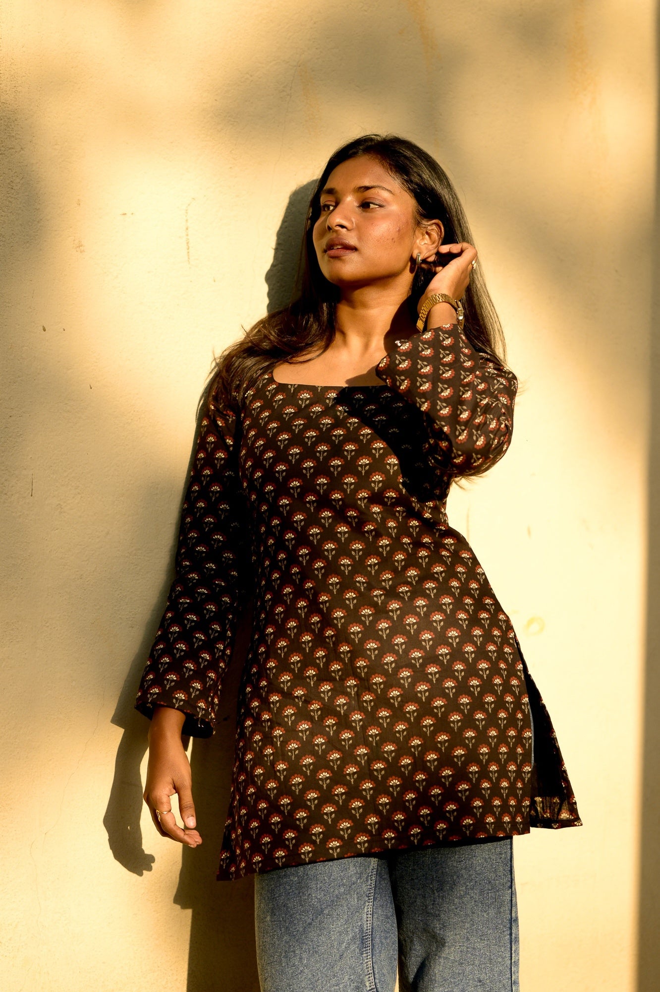Black floral short kurta
