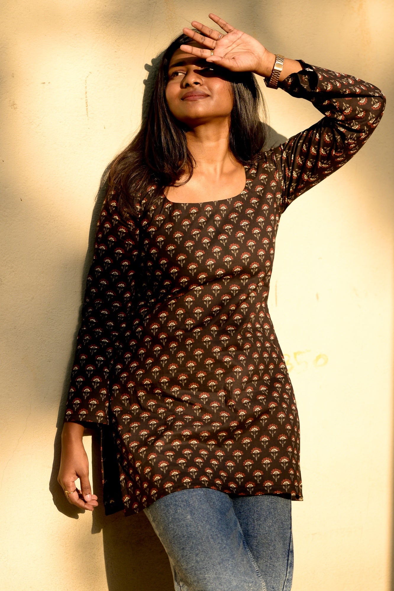 Black floral short kurta