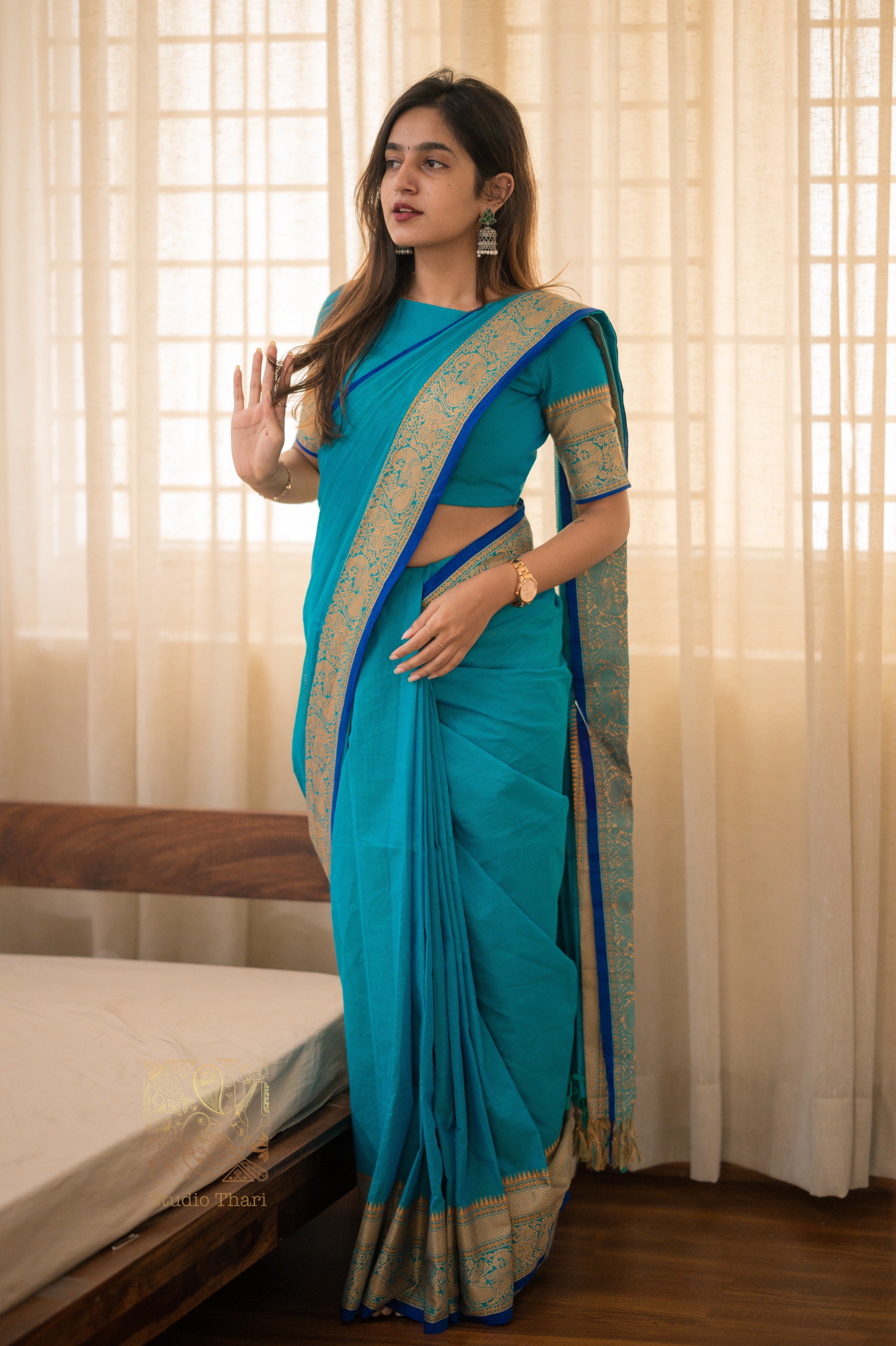 Blue “Parvati” Bold and Beautiful Chettinad cotton saree