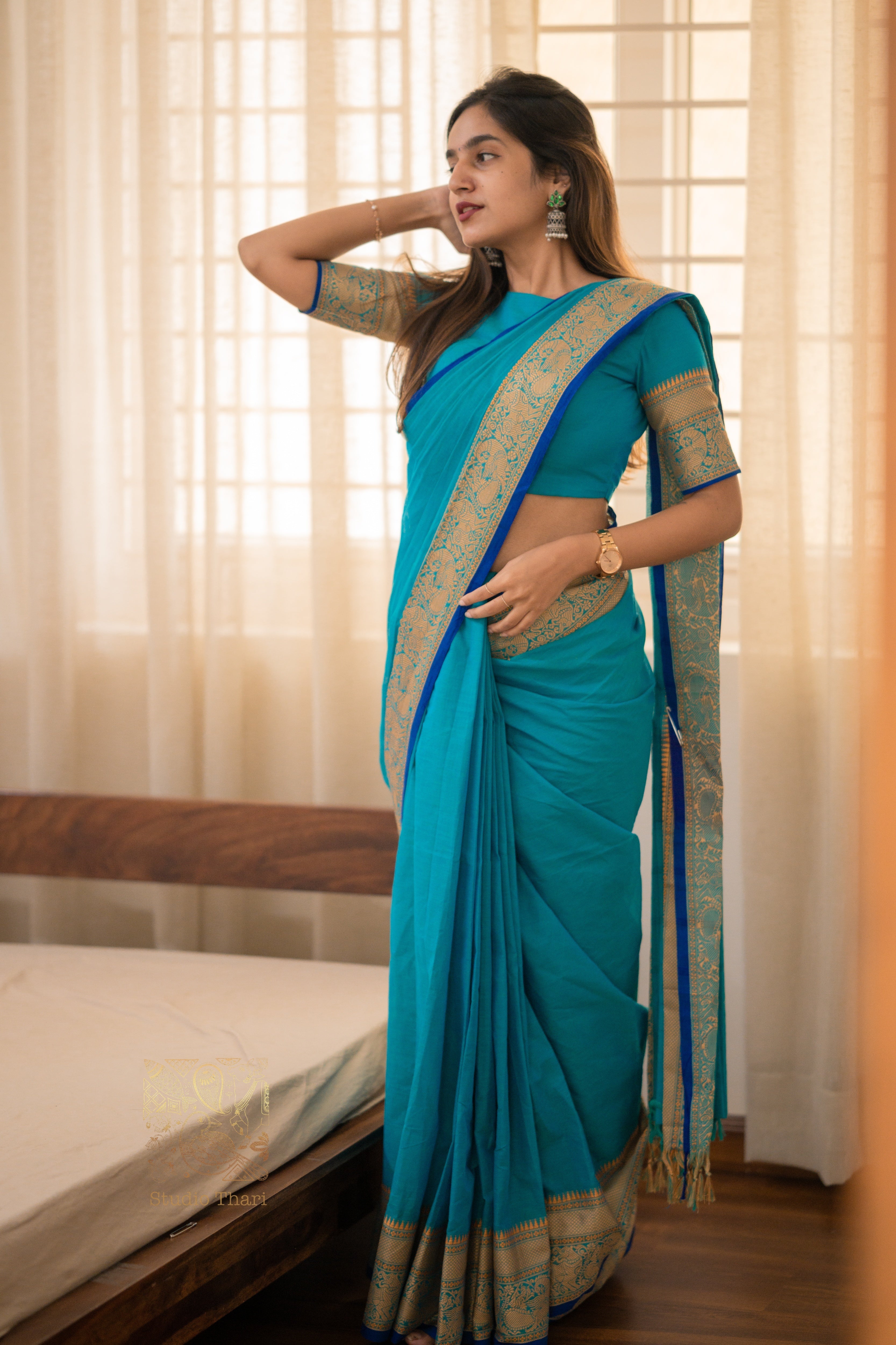 Blue “Parvati” Bold and Beautiful Chettinad cotton saree