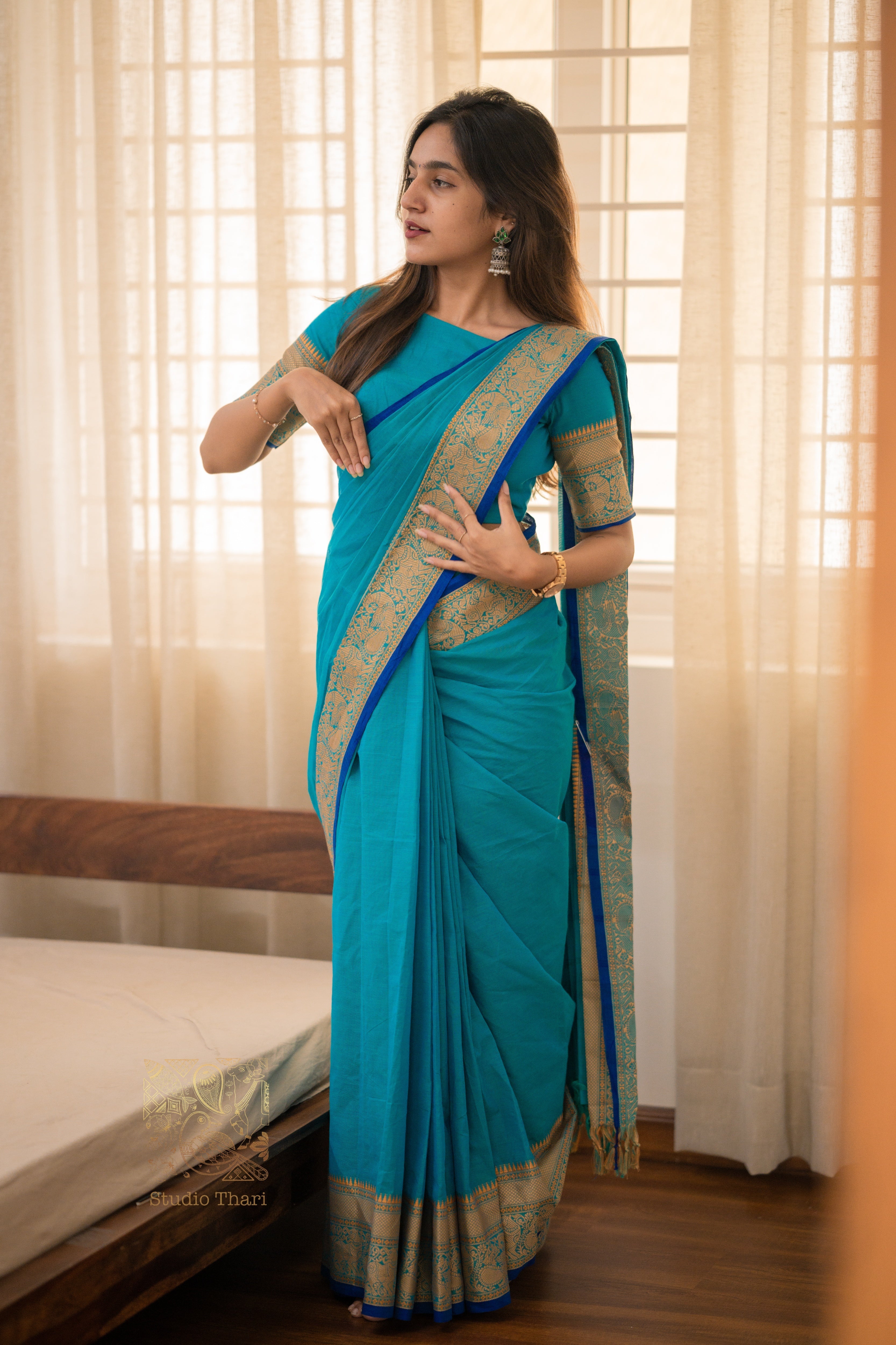 Blue “Parvati” Bold and Beautiful Chettinad cotton saree