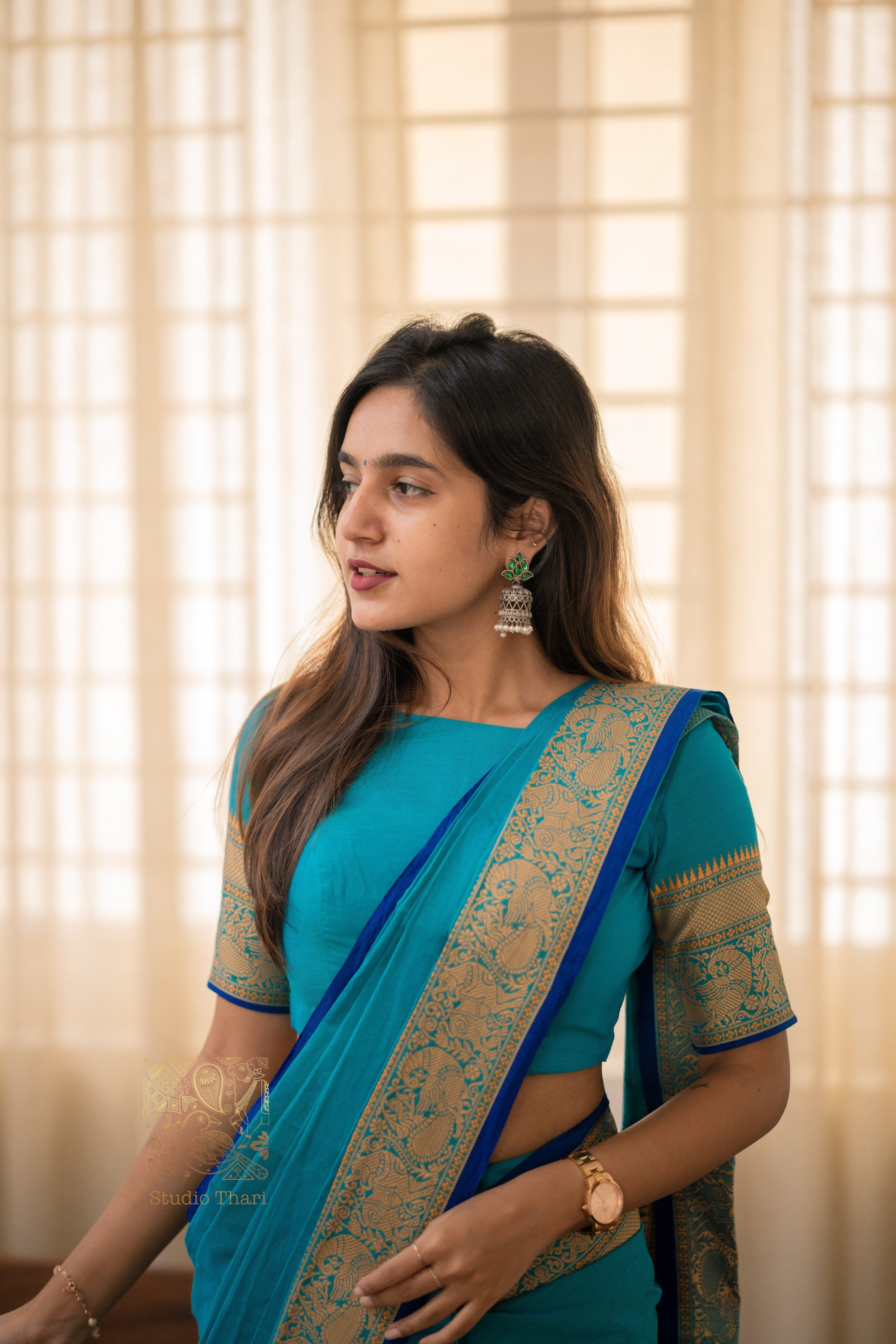 Blue “Parvati” Bold and Beautiful Chettinad cotton saree