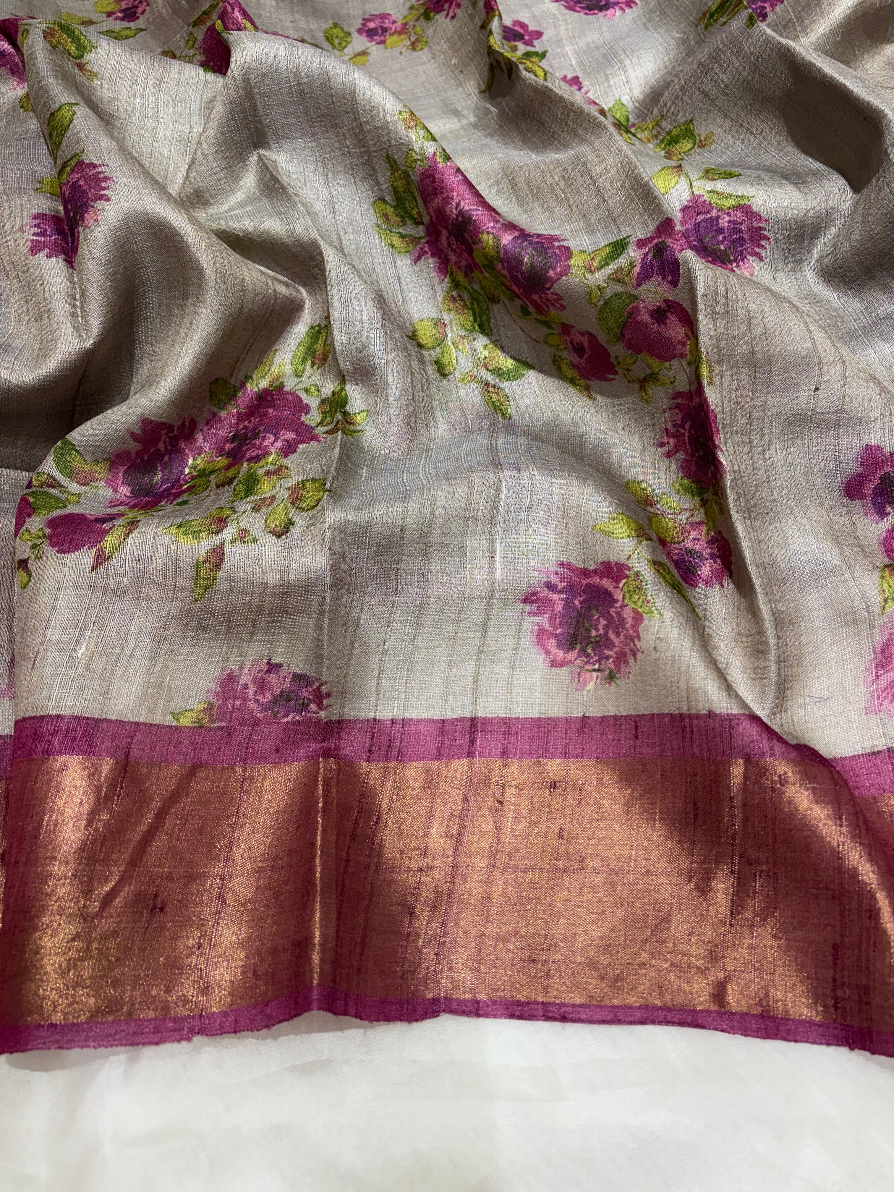 Grey floral Tussar saree