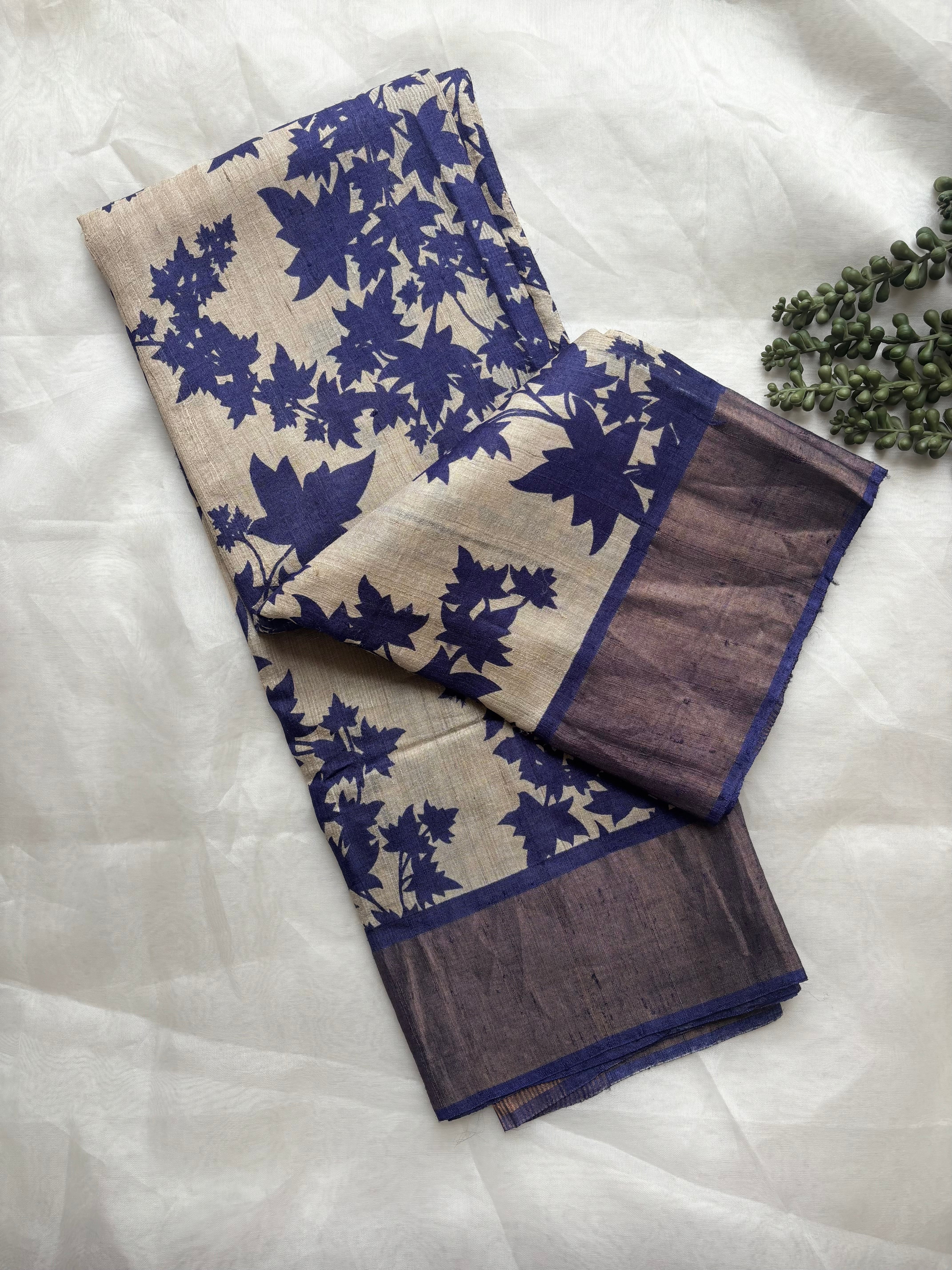 Blue floral tussar saree