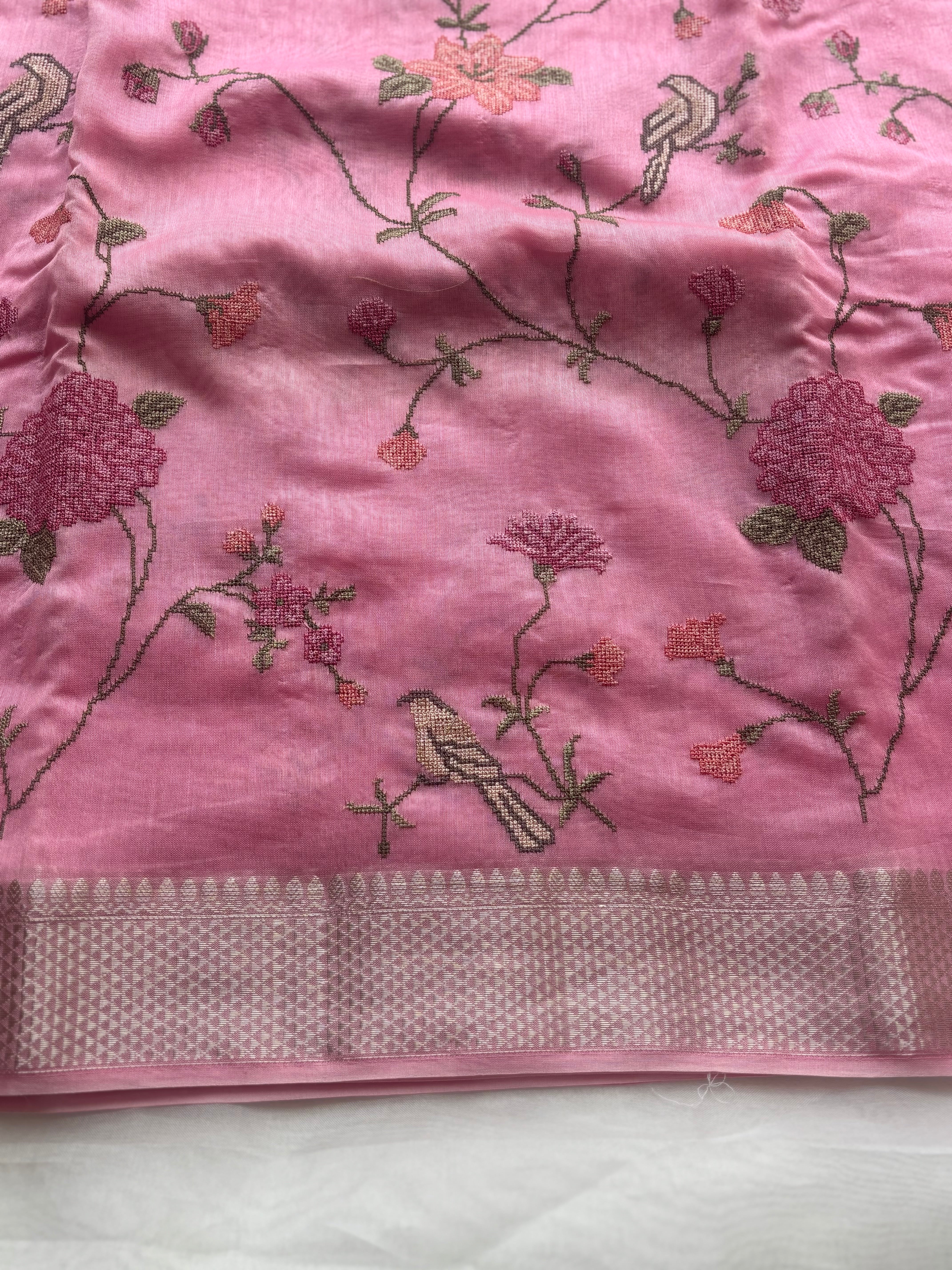 Baby pink floral embroidered chanderi saree