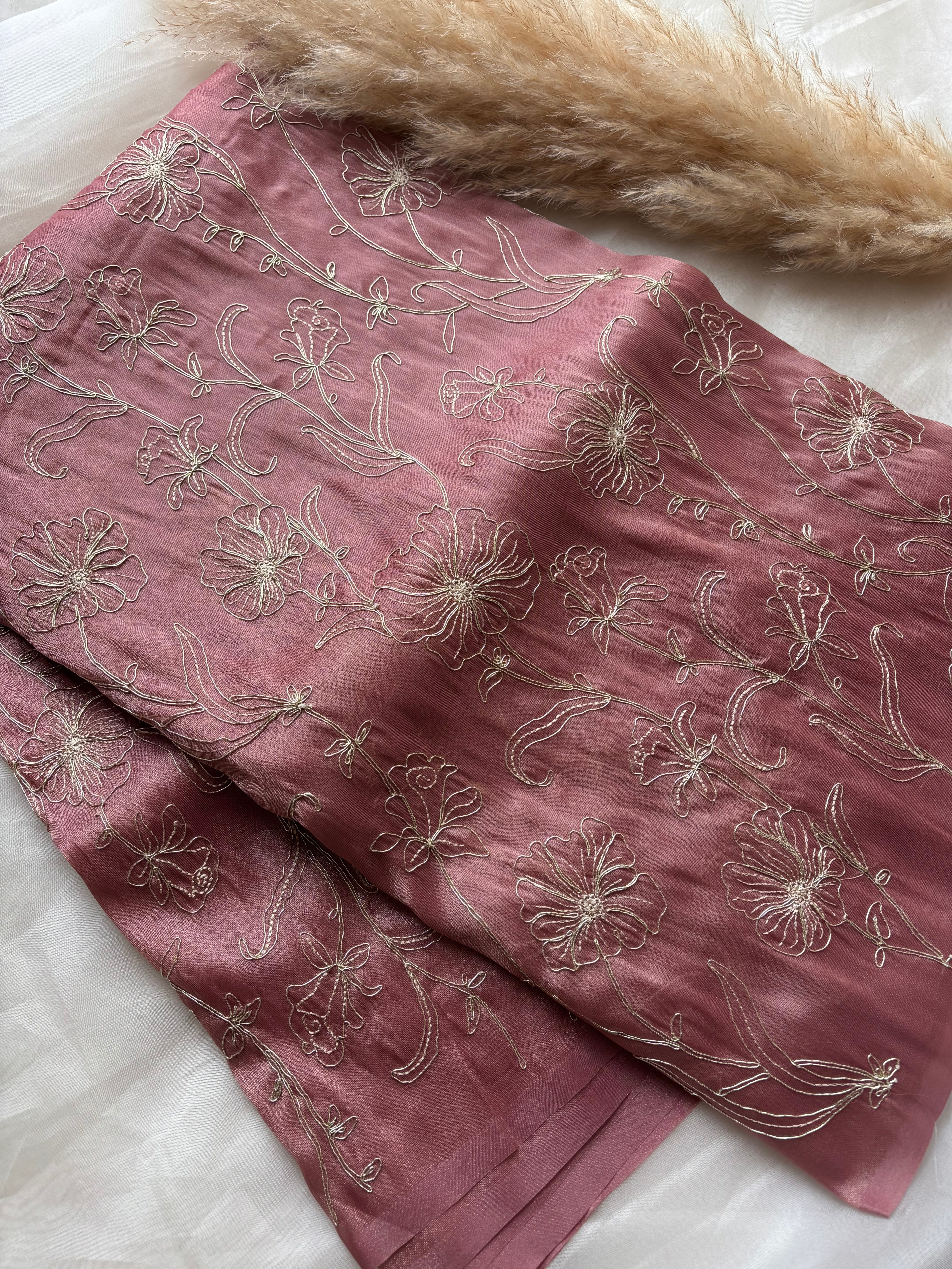 Floral rose pink shimmer organza saree