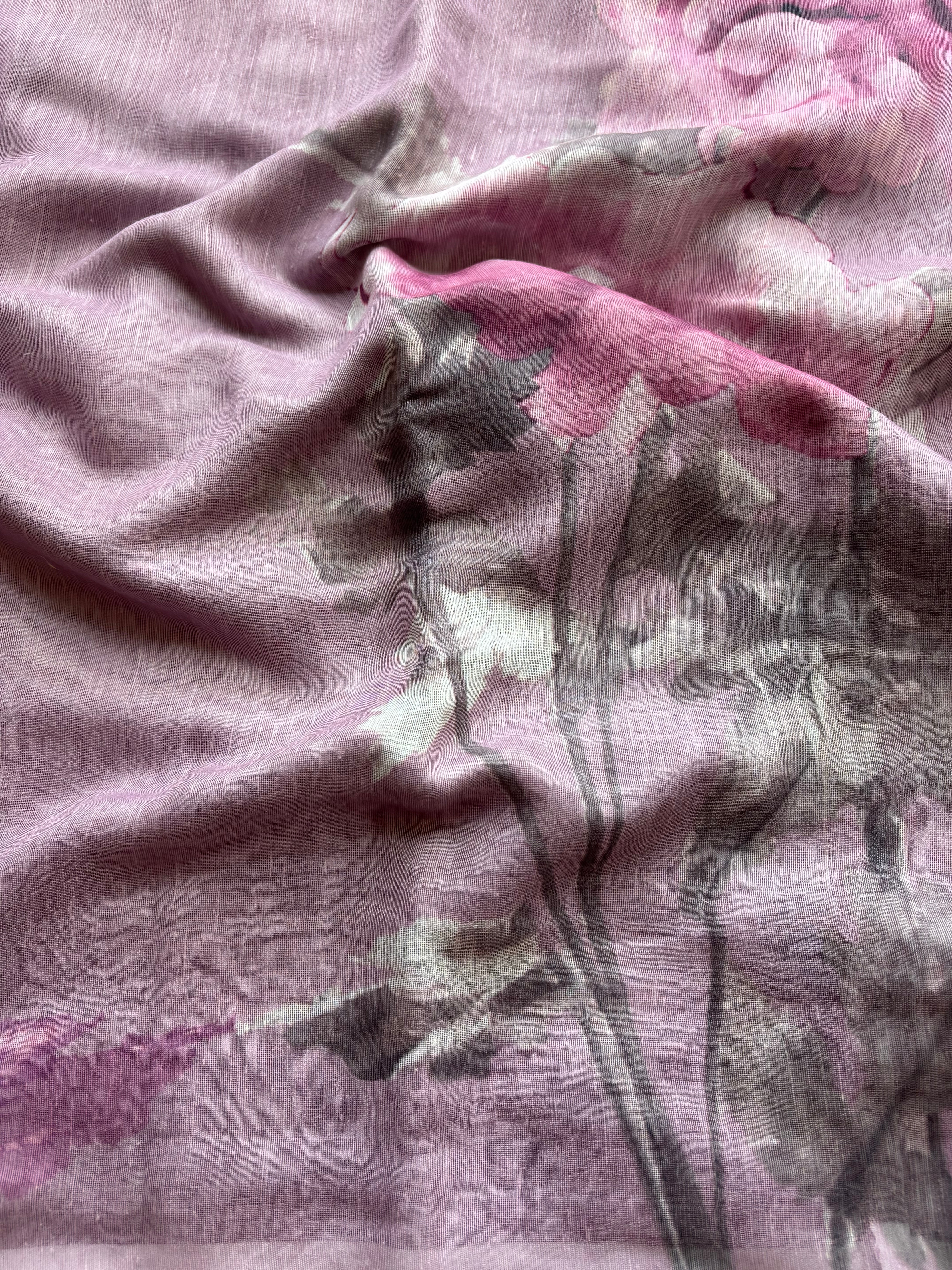 Lilac floral Linen saree