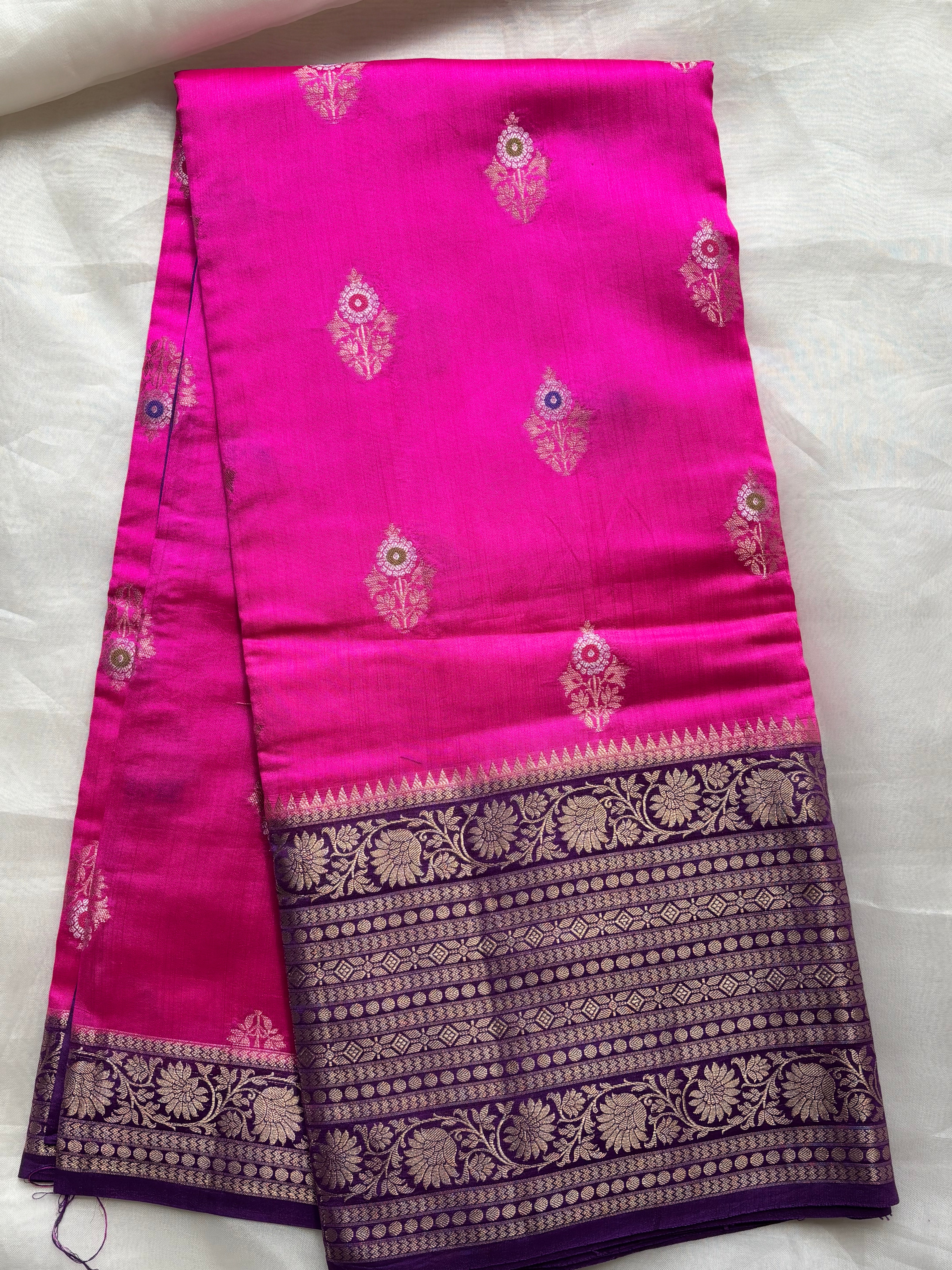 Bright pink pure Banarasi silk saree