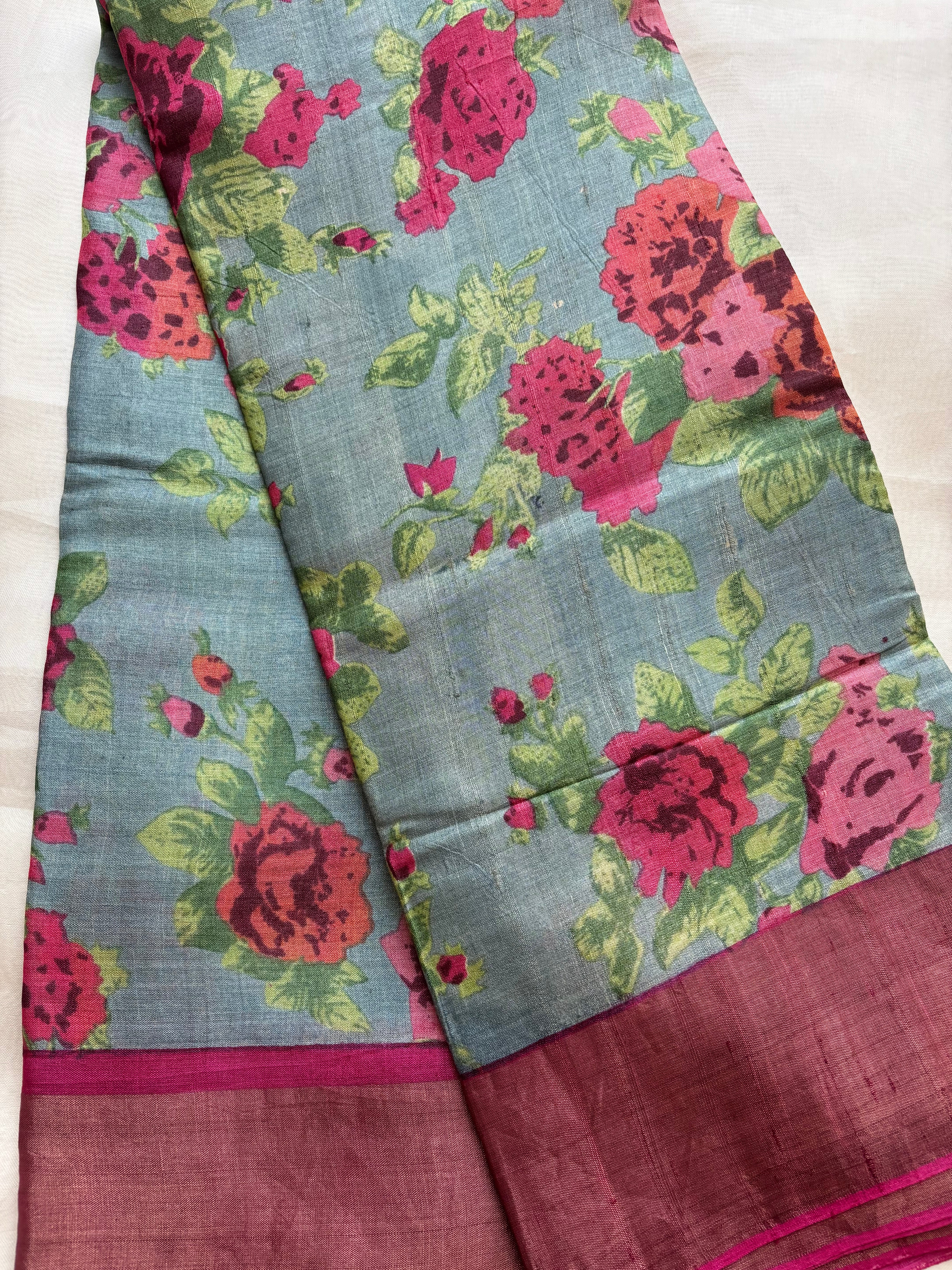 Grey pink floral tussar saree