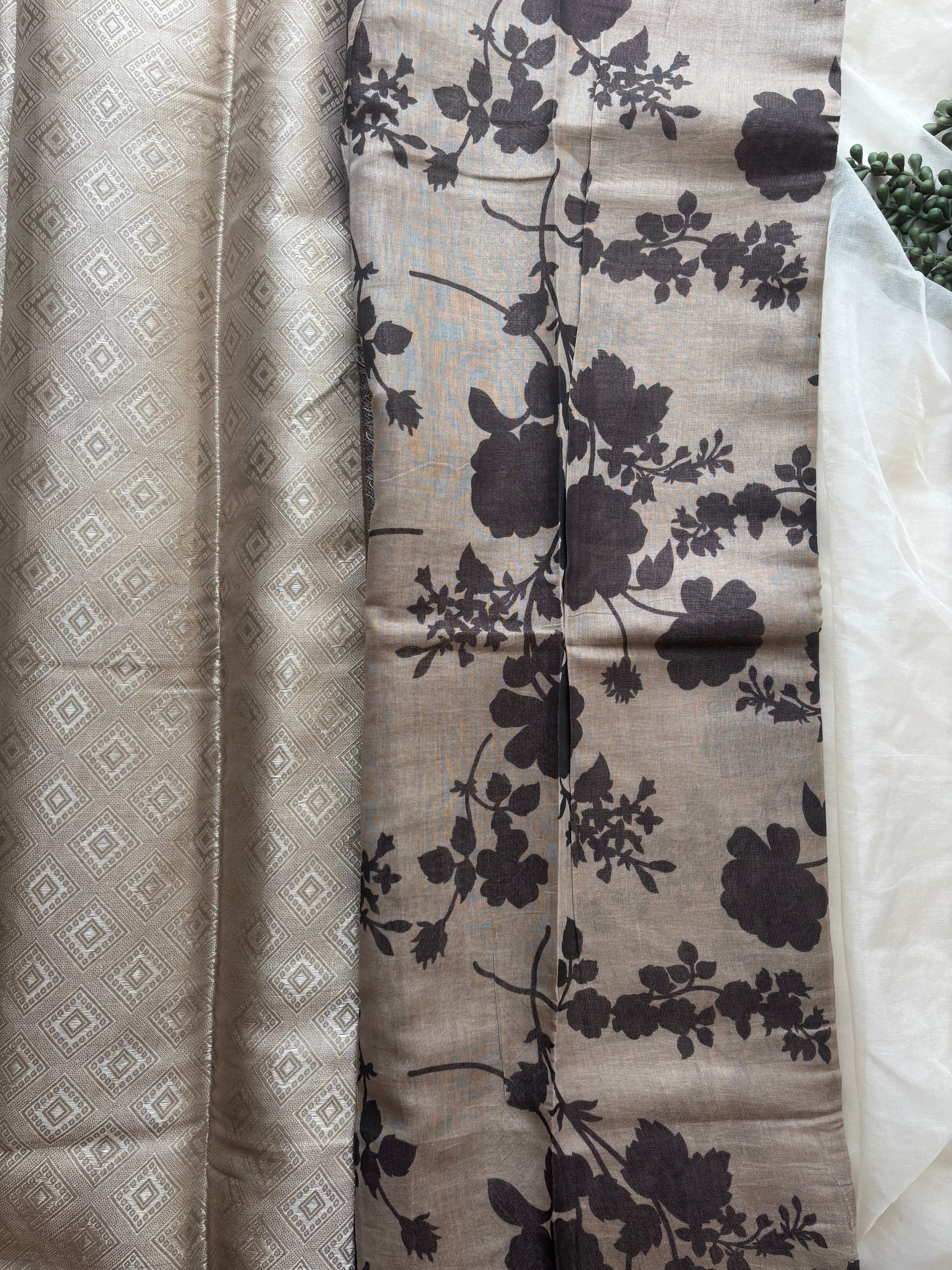 Beige and black semi tissue saree