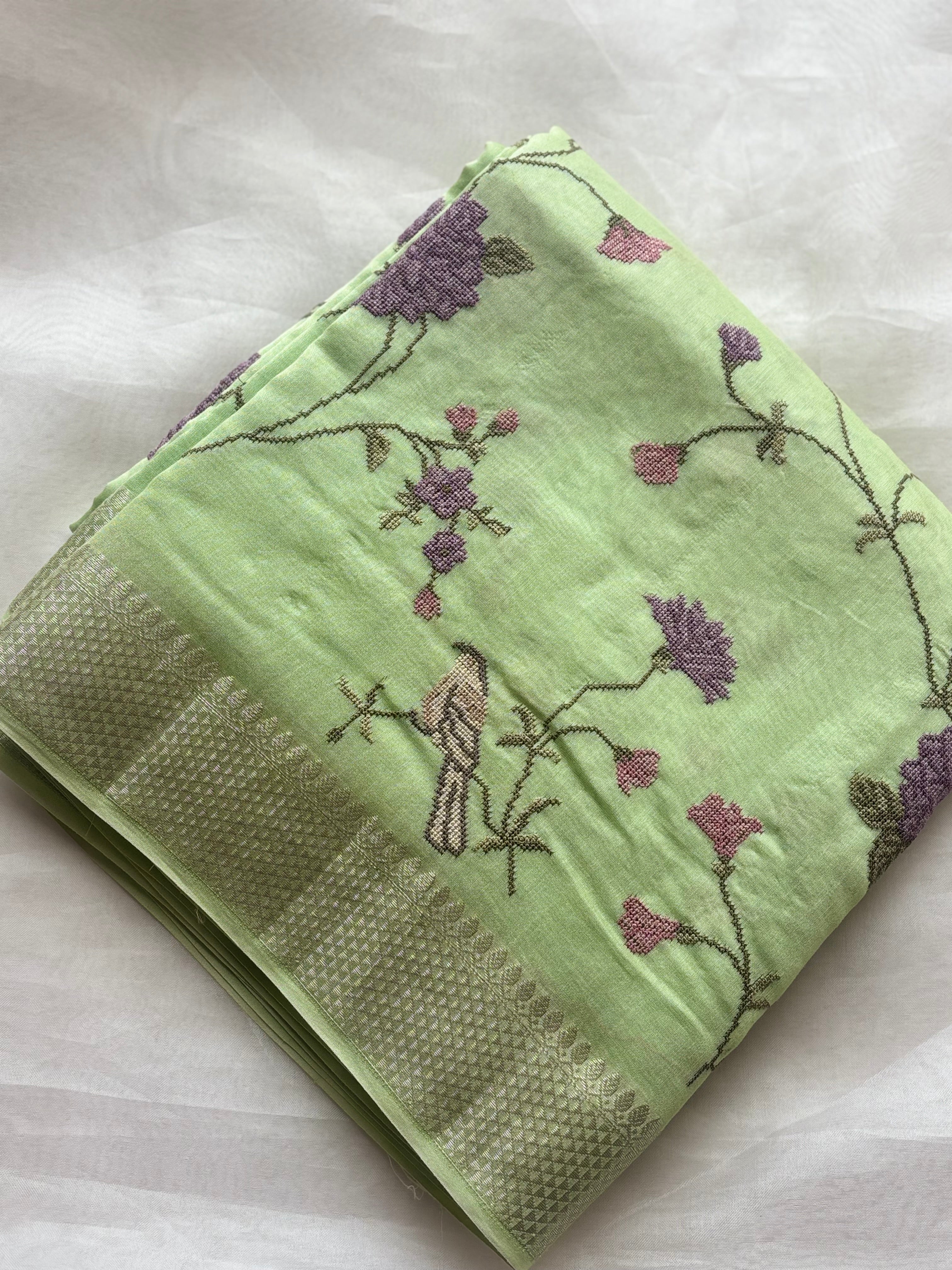 Green floral embroidered chanderi saree