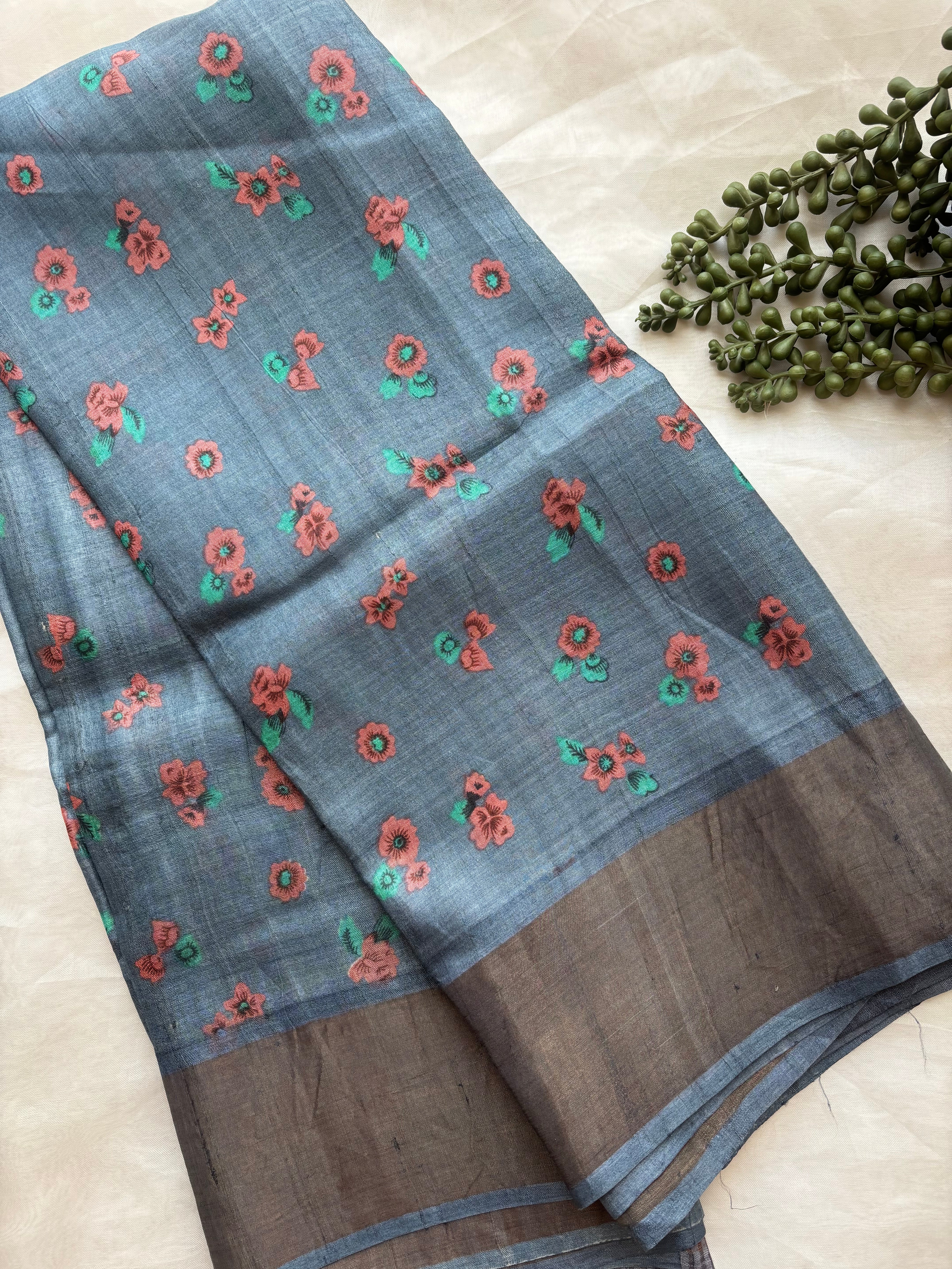 Smoky blue Tussar saree
