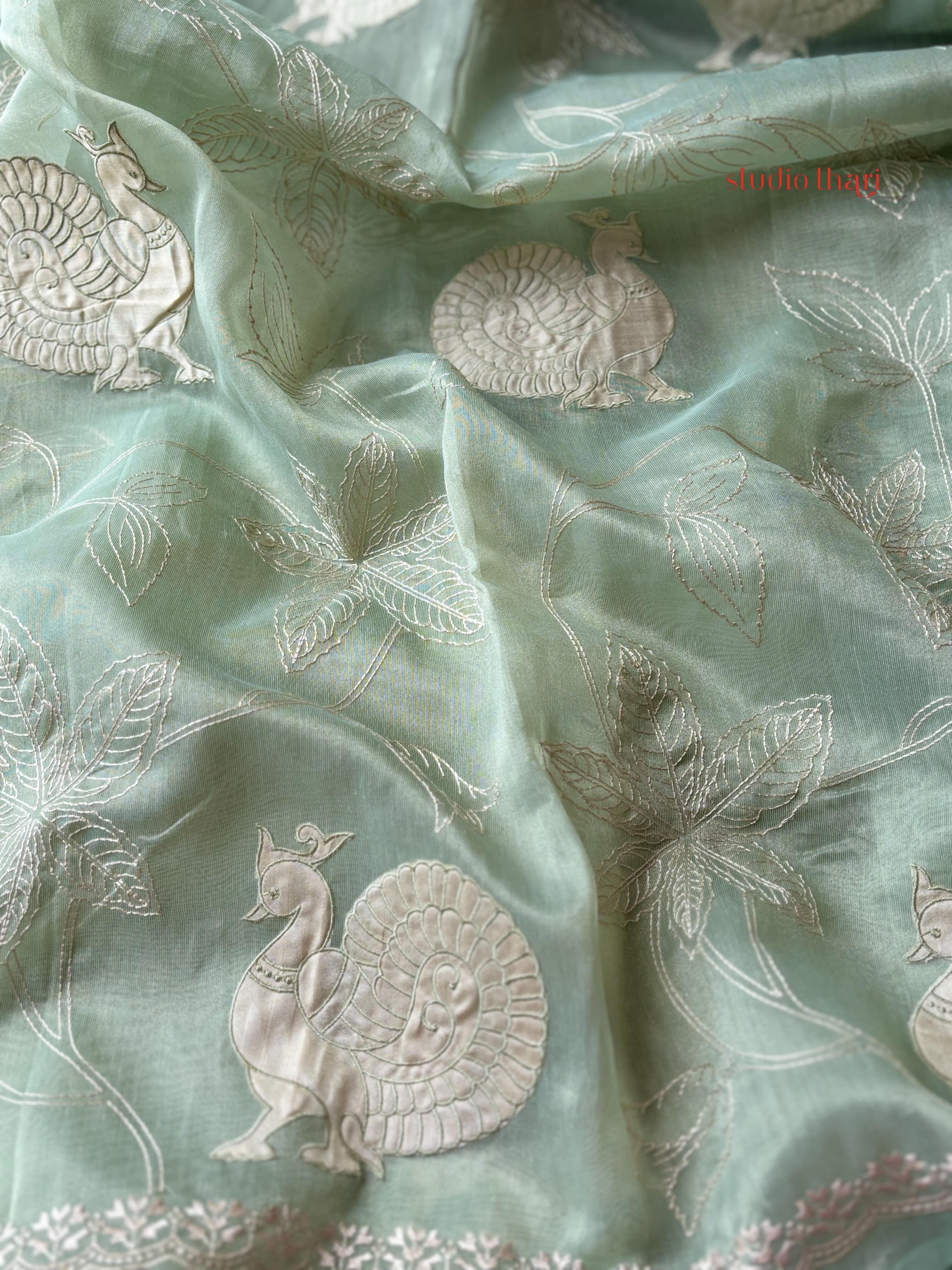 Mint mayuri semi organza saree