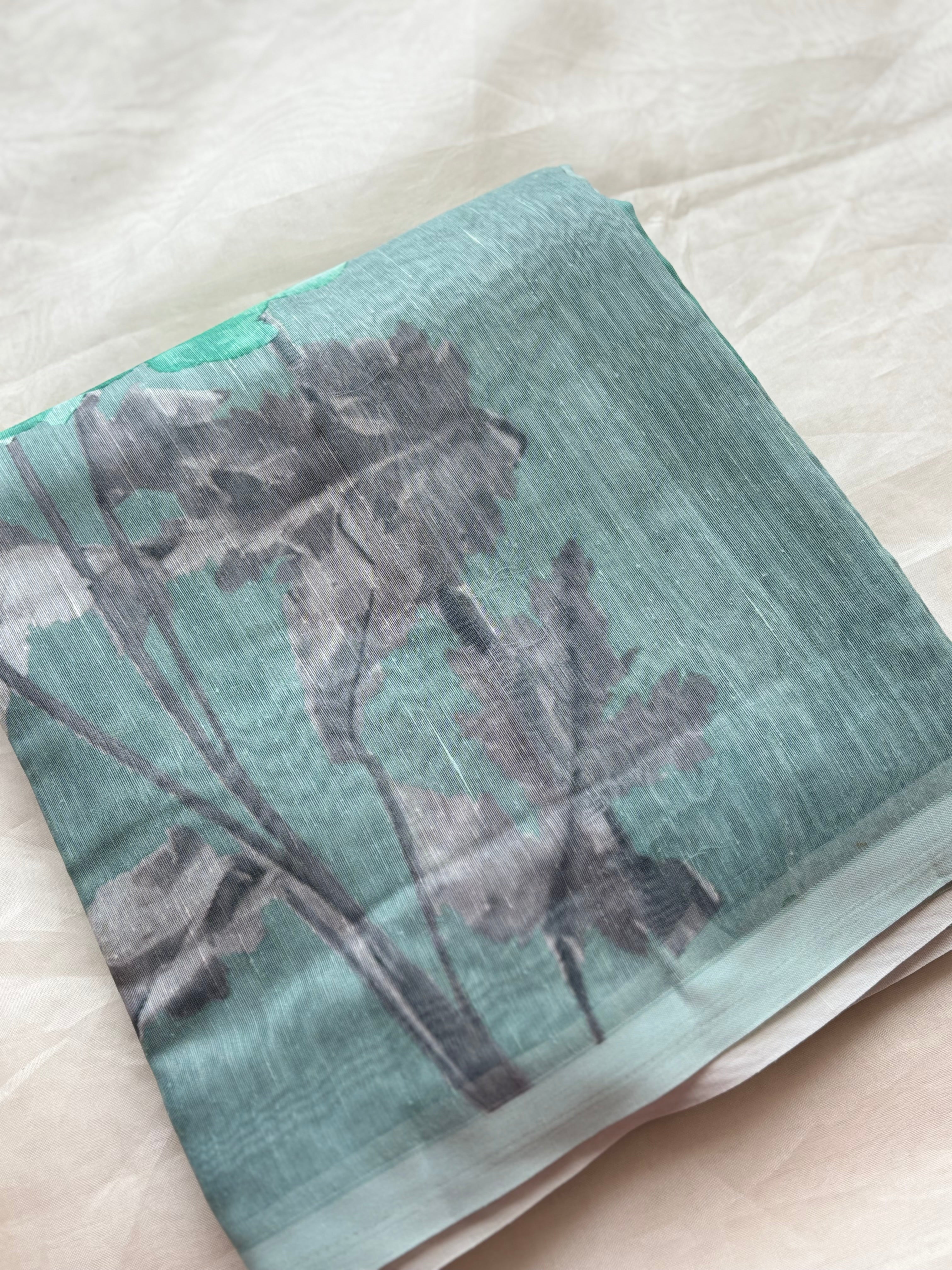 Light blue floral Linen saree