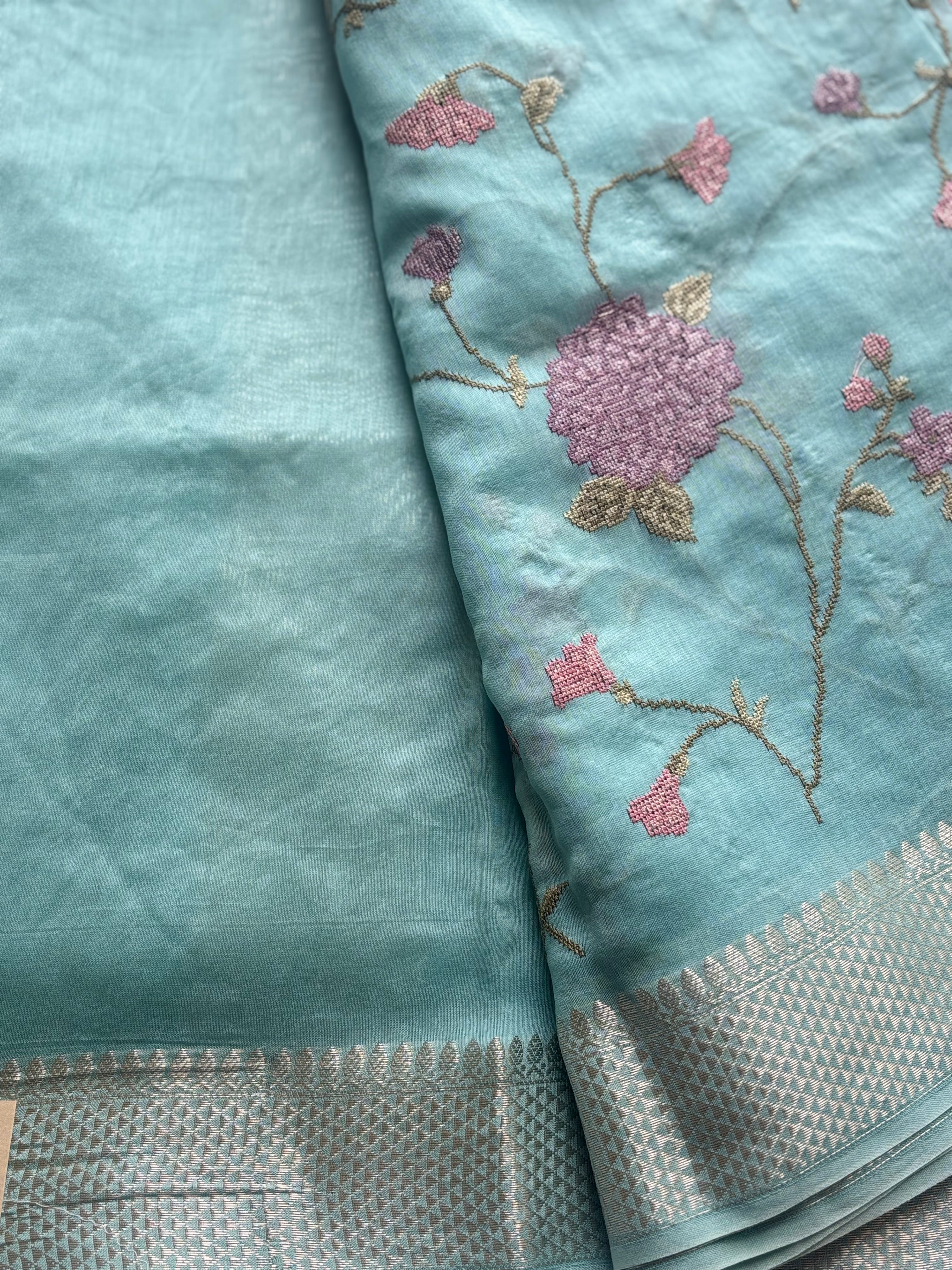 Light blue floral embroidered chanderi saree