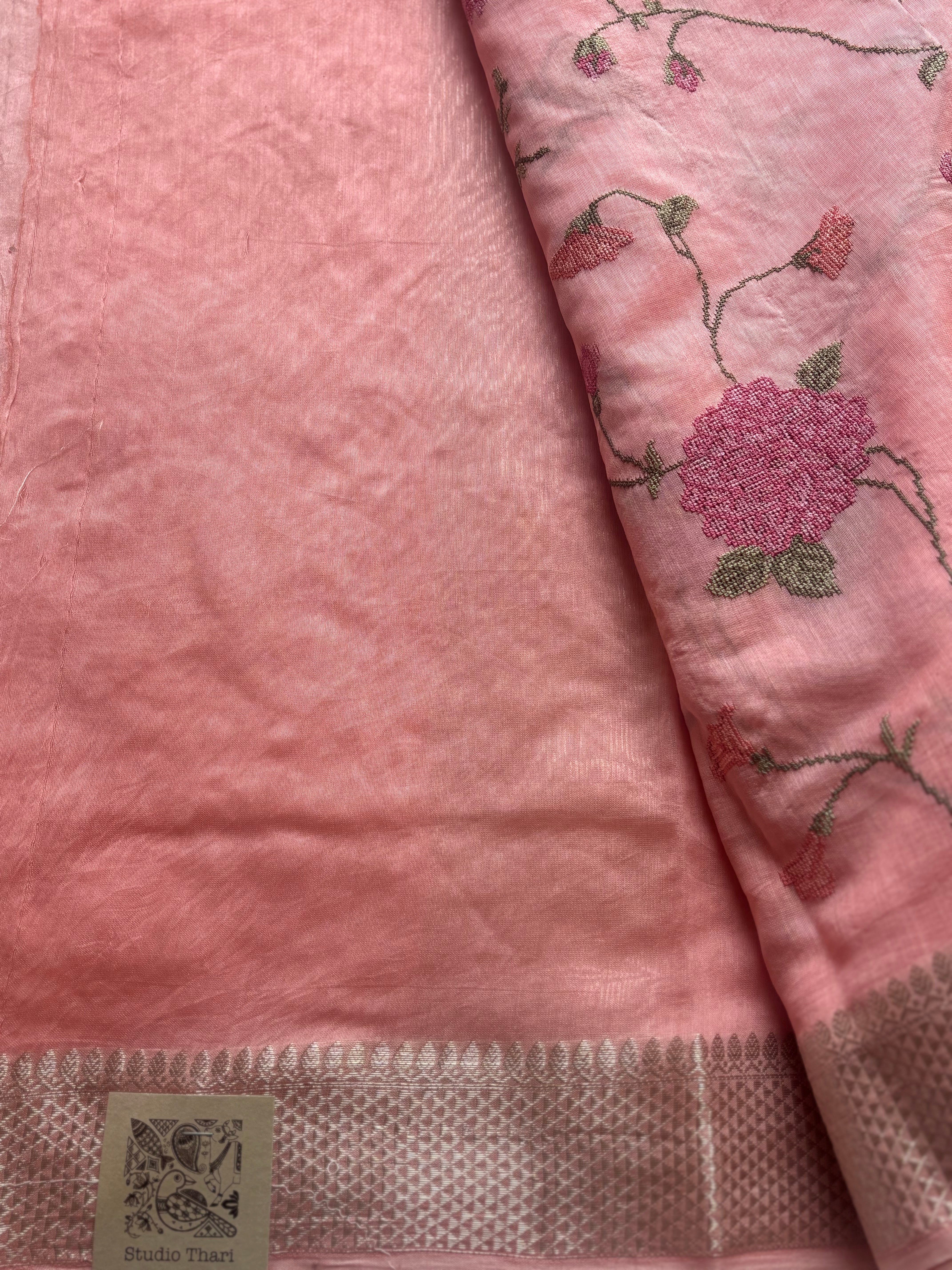 Peach floral embroidered chanderi saree