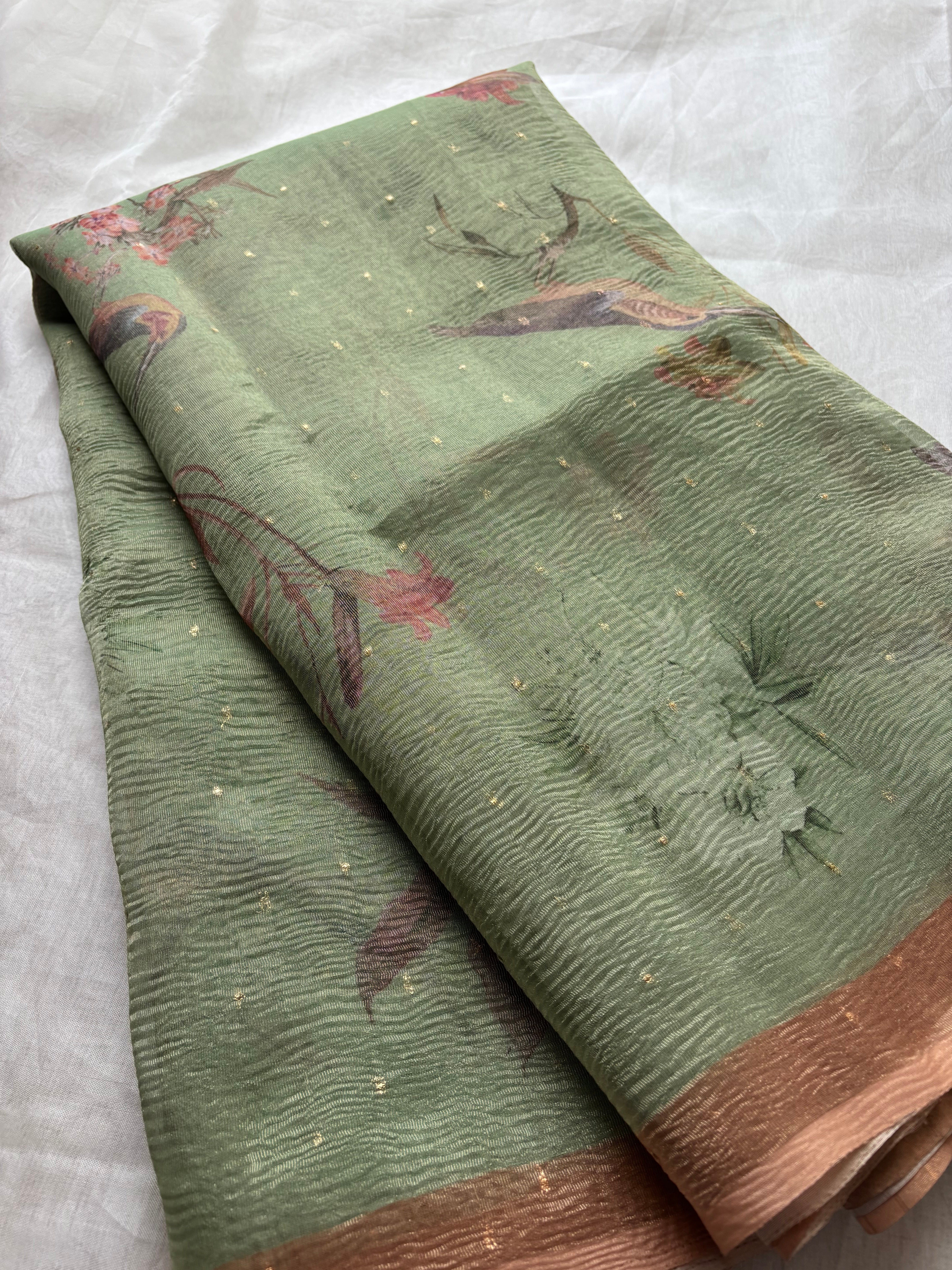 Green crushed tissue saree