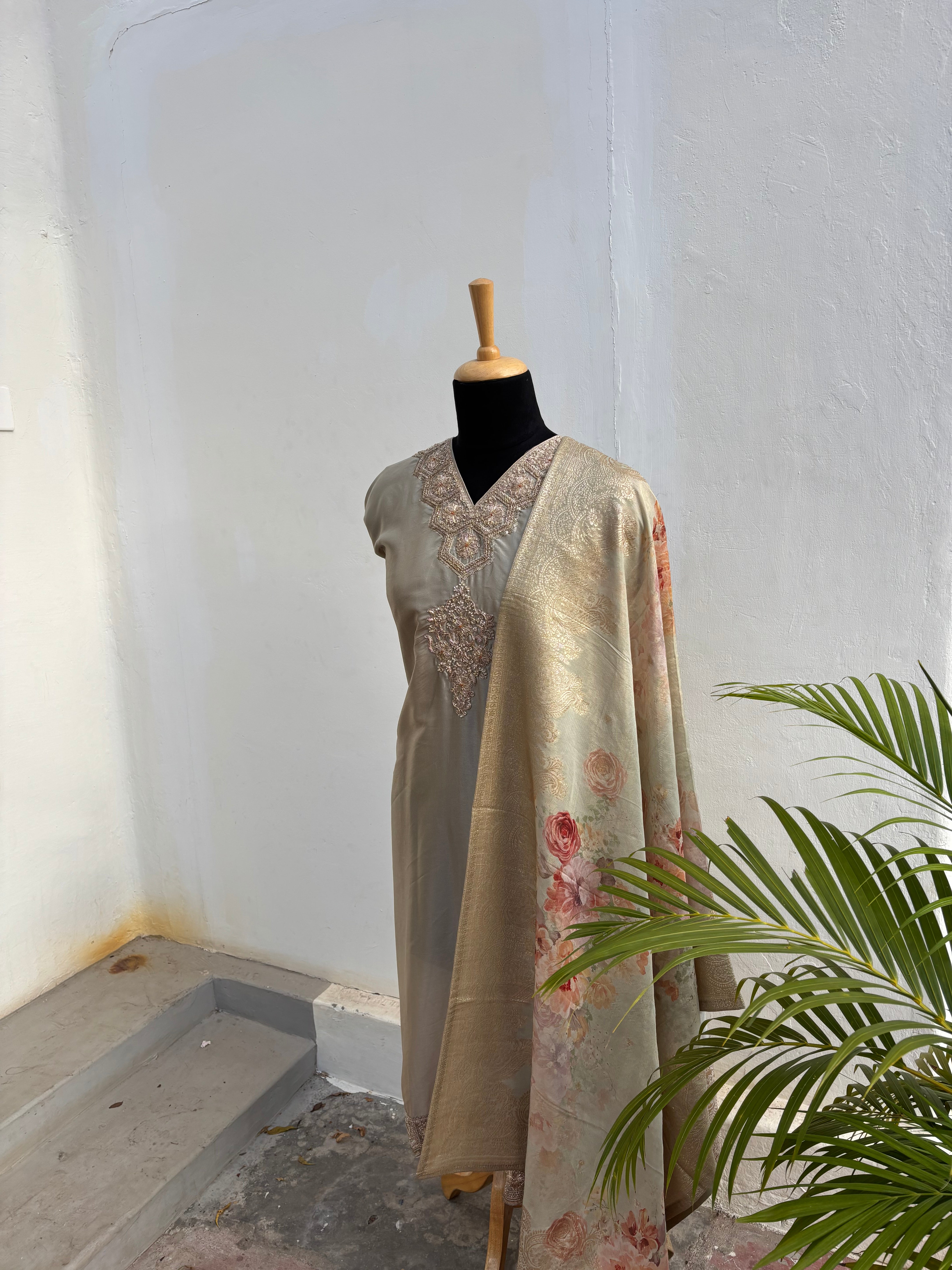 Soft grey semi stitched salwar suit